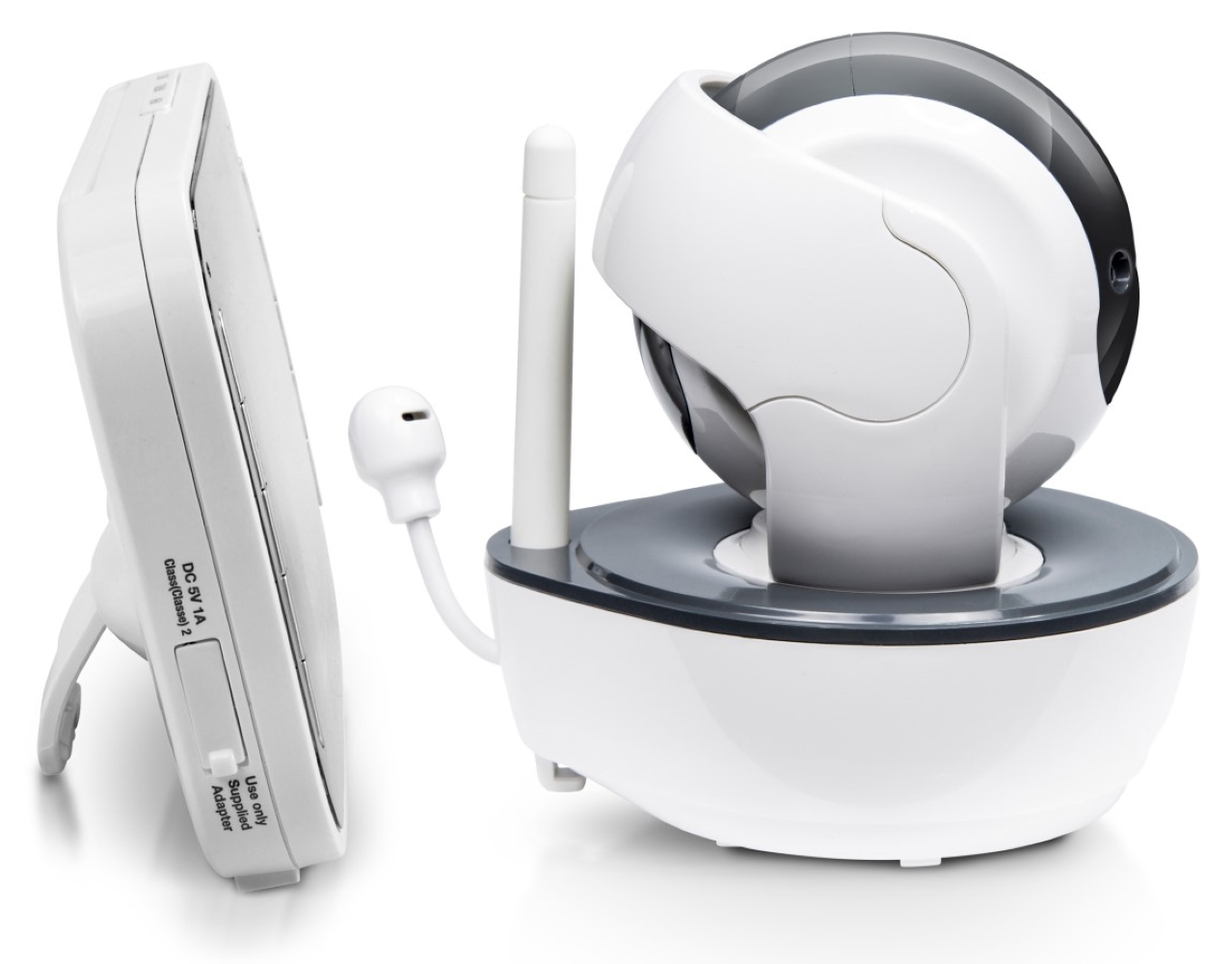 Biała kamera i odbiornik niani elektronicznej. Kamera ma obrotową głowicę i antenę.