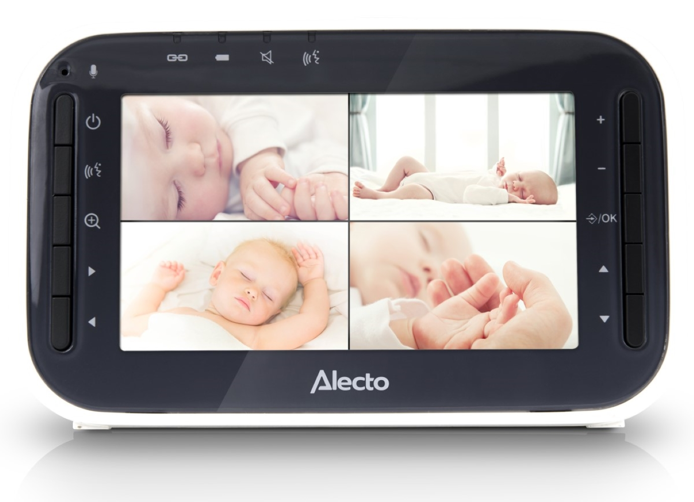 Ekran niani elektronicznej pokazuje cztery śpiące dzieci w różnych widokach.