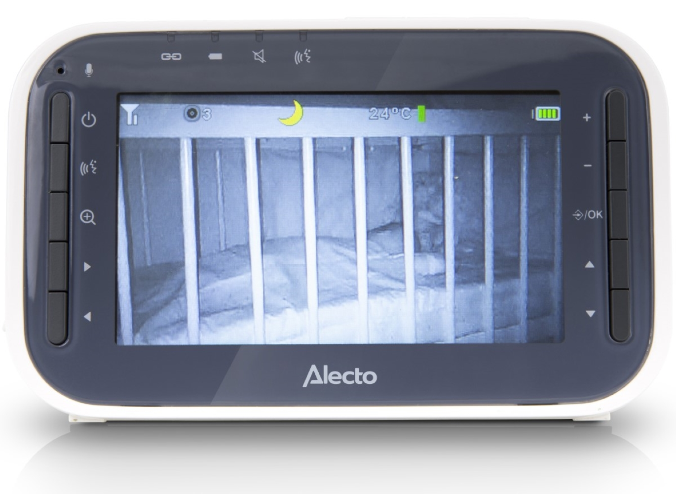 Ekran monitora dla niemowląt pokazuje łóżeczko w temperaturze 24°C z ikoną półksiężyca.