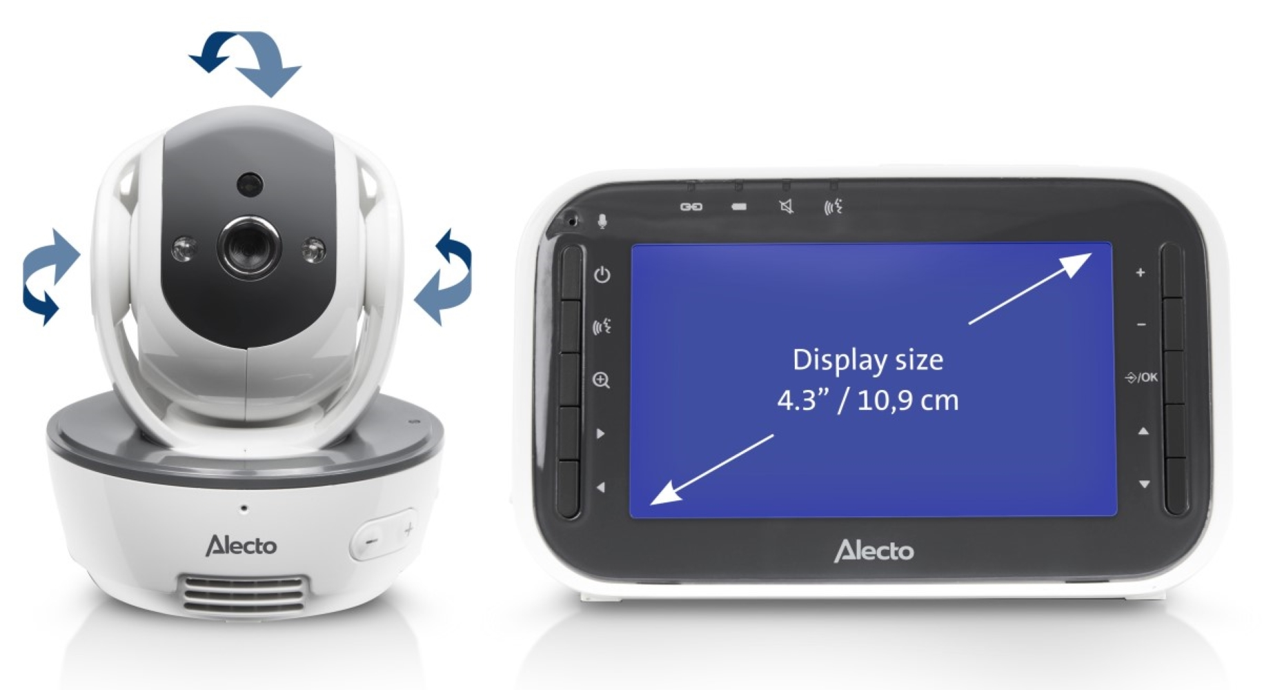 Niania elektroniczna z kamerą i ekranem. Kamera ma obrotową głowicę.