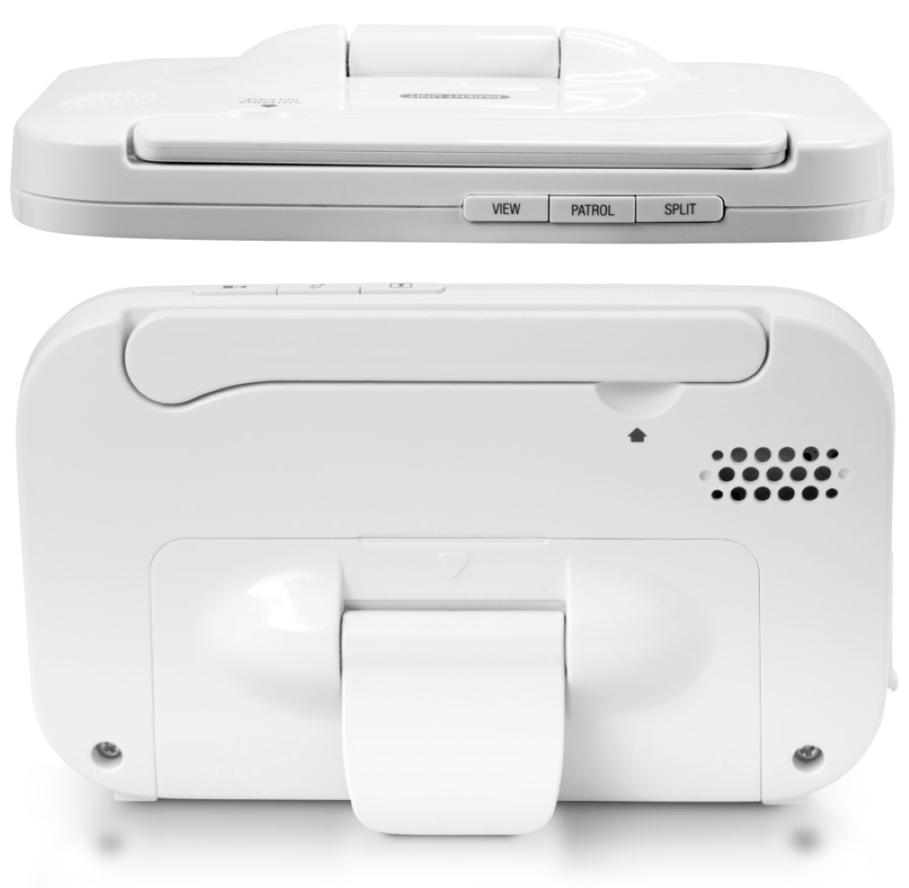 Widoki z góry i z dołu białego urządzenia z przyciskami i podstawką.