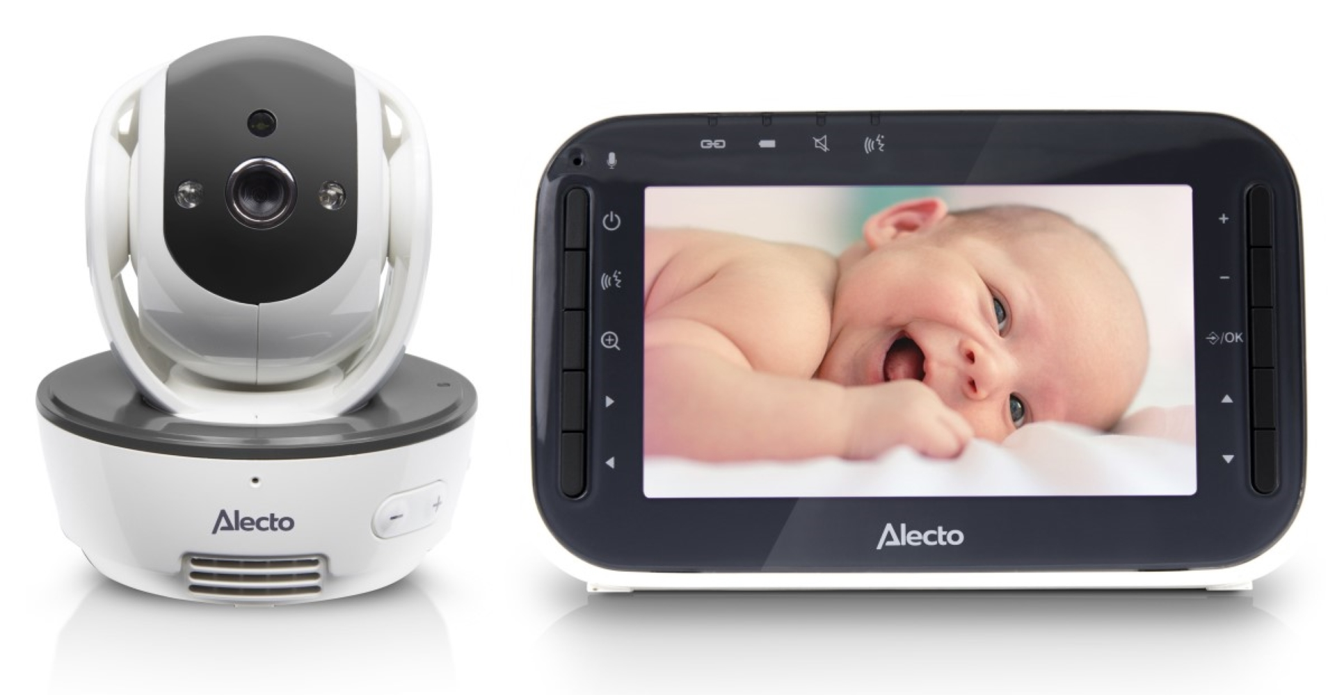 Niania elektroniczna z kamerą i ekranem pokazującym dziecko.
