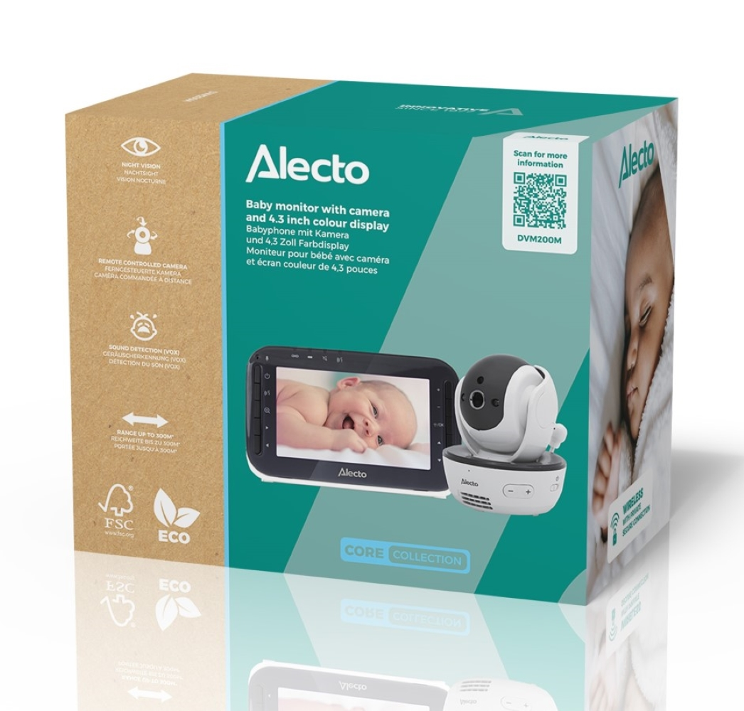 Pudełko niani elektronicznej Alecto z kamerą i ekranem, pokazujące dziecko i urządzenia.