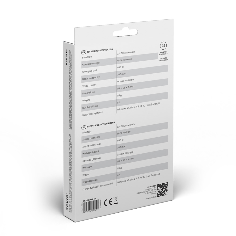 Opakowanie pilota z danymi technicznymi w języku angielskim i polskim.