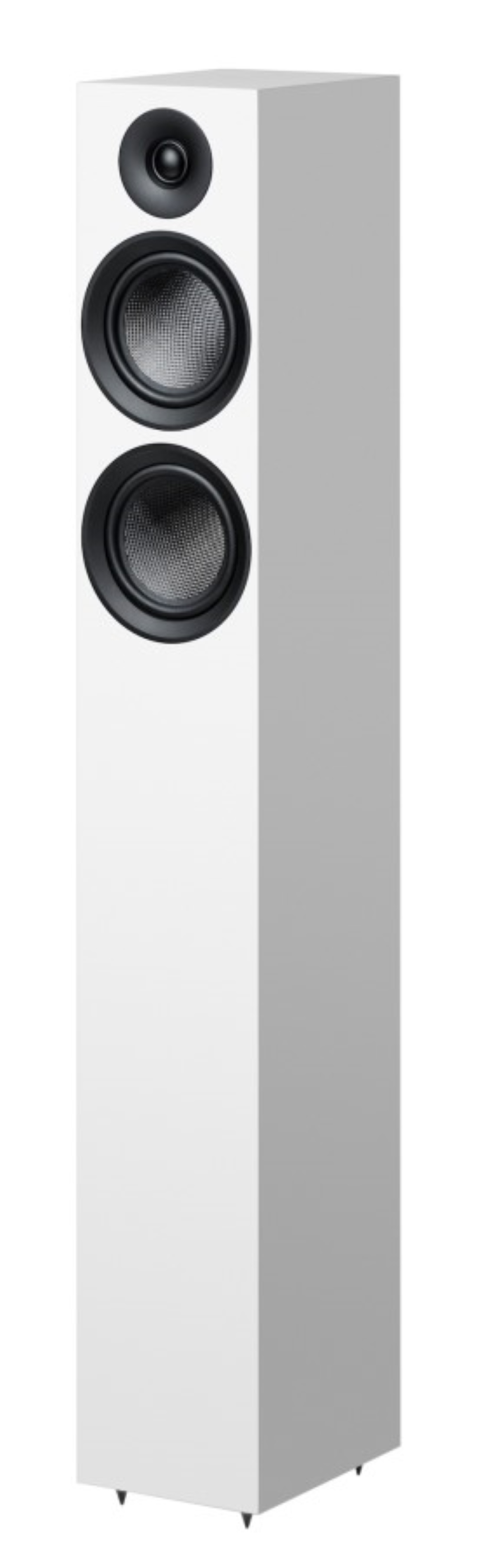Elegancki, biały głośnik podłogowy z czarnymi przetwornikami i głośnikami wysokotonowymi.