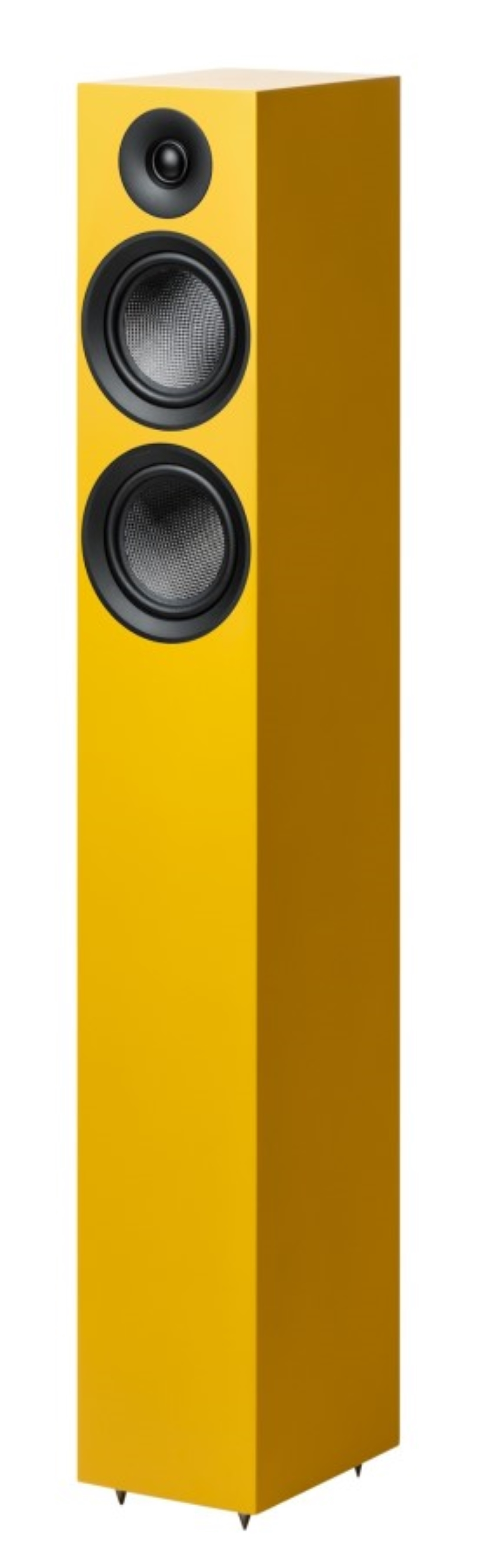 Wysoki, żółty głośnik z dwoma czarnymi głośnikami niskotonowymi i jednym wysokotonowym z przodu.