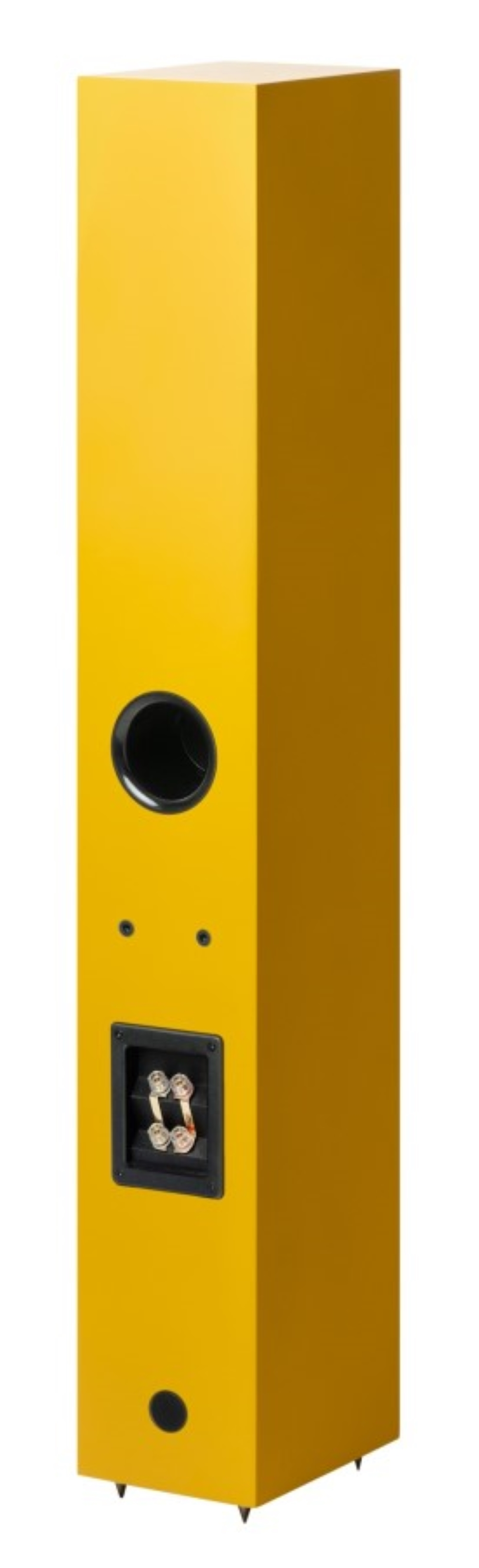 Żółty głośnik od tyłu z przyłączami i otworem bass reflex.