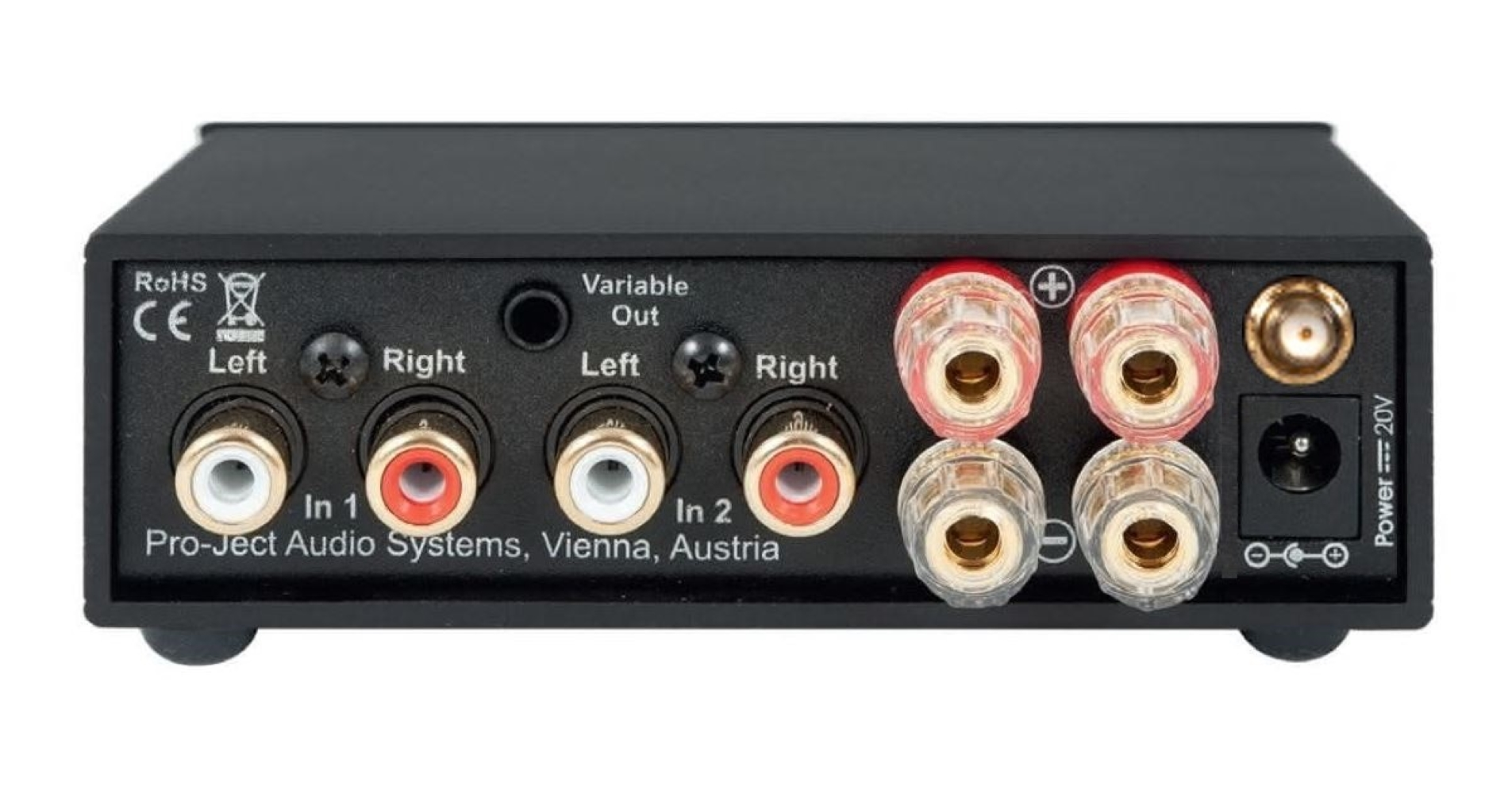 Tył czarnego urządzenia ze złączami RCA, terminalami głośnikowymi i złączem zasilania.