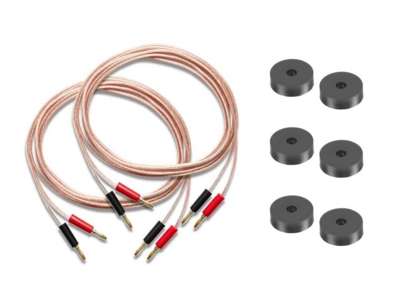 Dwa miedziane kable głośnikowe z wtykami bananowymi i sześć czarnych cylindrycznych stopek.