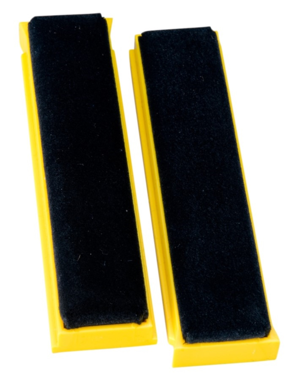 Dwa żółte uchwyty z czarnymi filcowymi wkładkami, obok siebie.