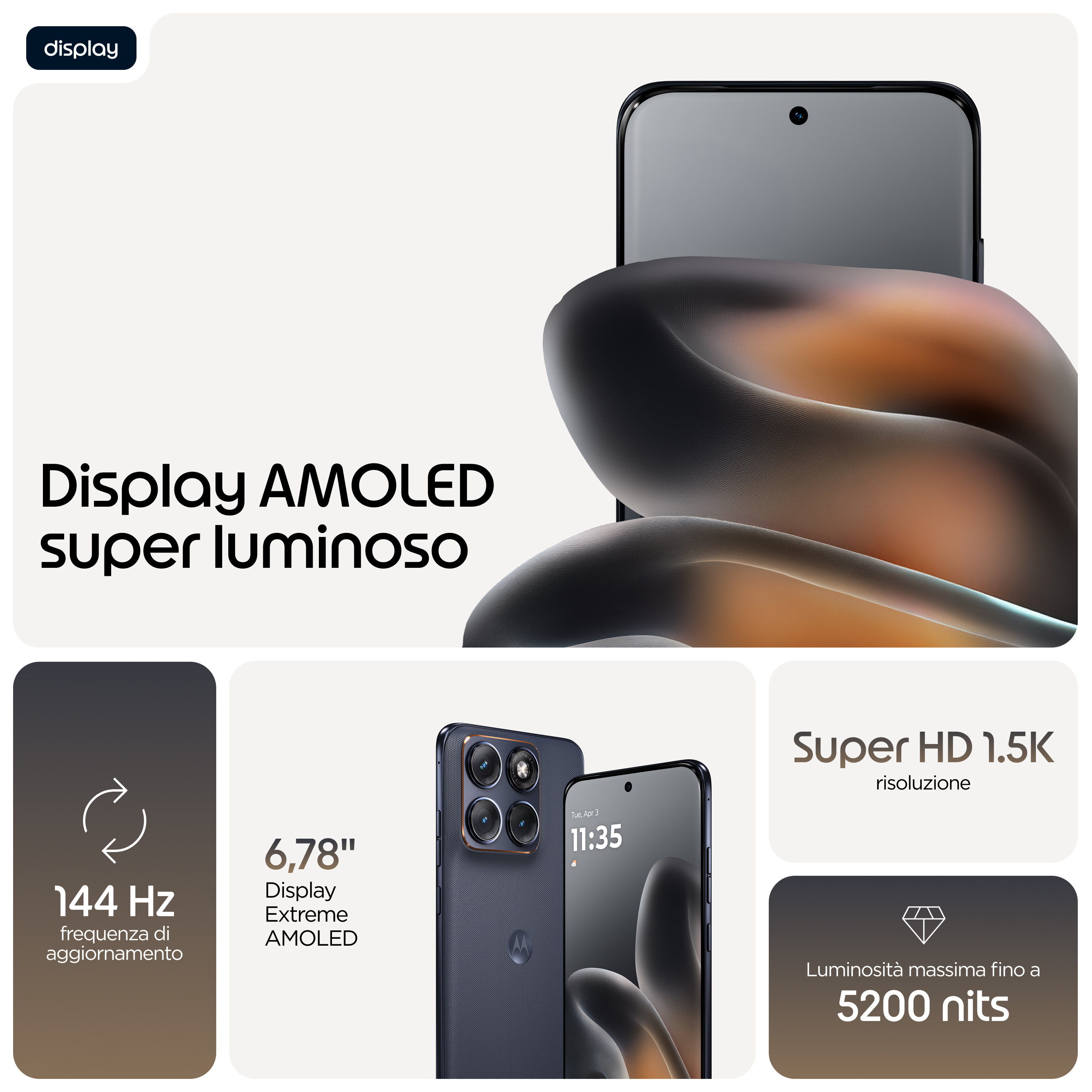 Ein Smartphone mit AMOLED-Display, 144 Hz, 6,78 Zoll, Super HD 1,5K Auflösung, 5200 Nits.