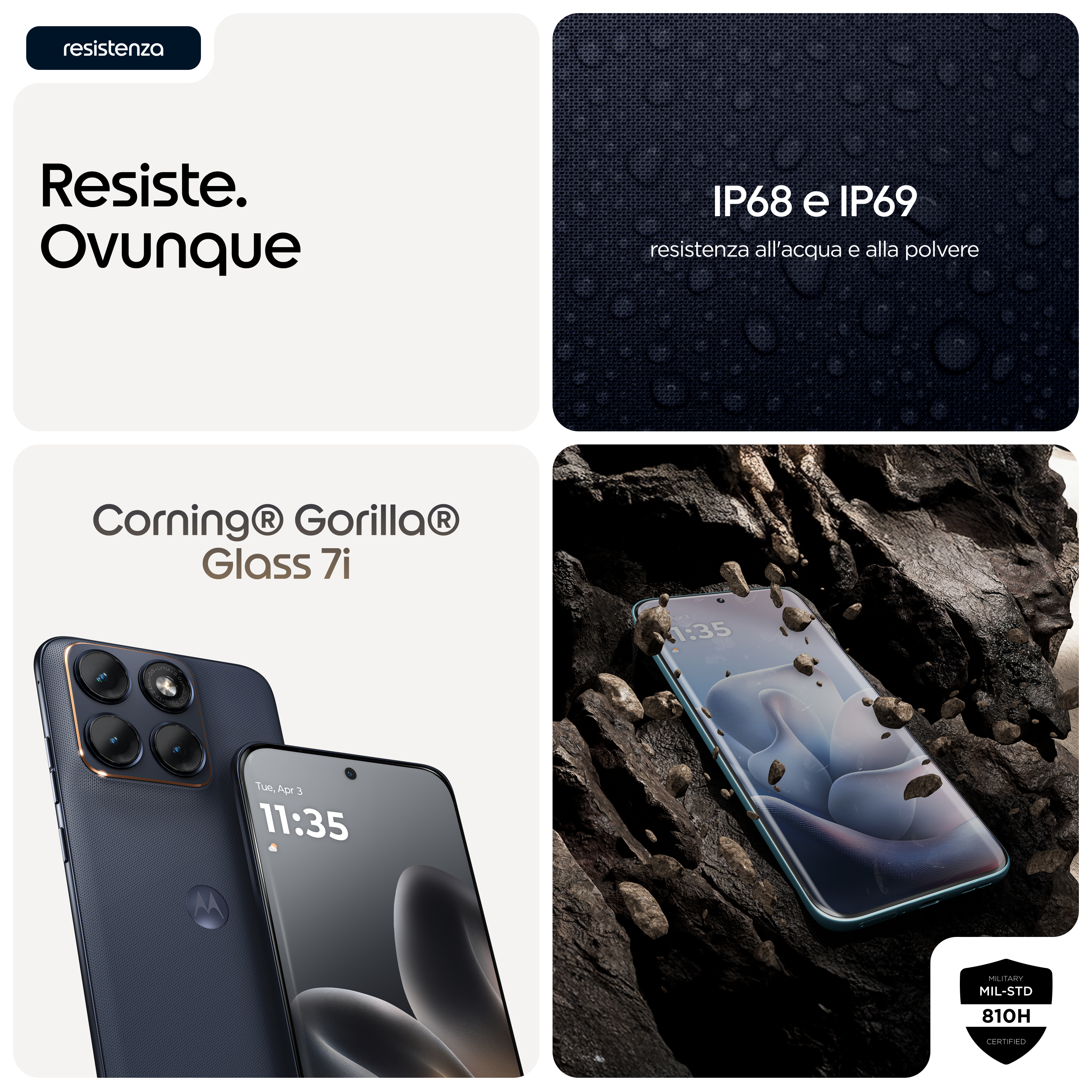 Ein Smartphone mit vier Kameras, das IP68/IP69 zertifiziert ist.