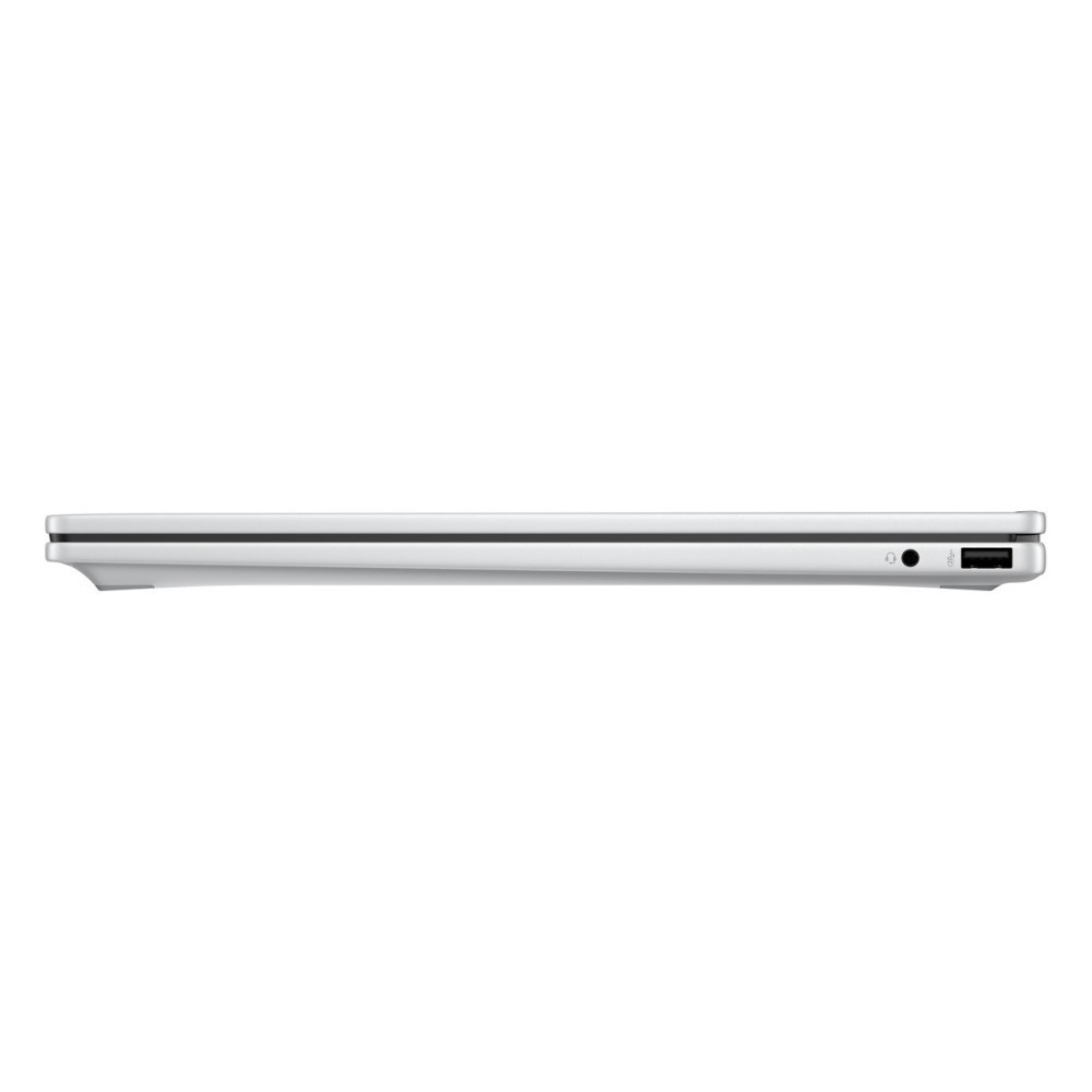 Widok z boku zamkniętego białego laptopa z portem USB i gniazdem słuchawkowym.