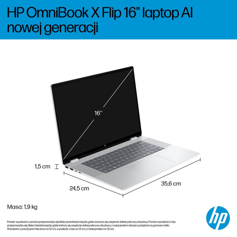 Srebrny laptop HP OmniBook X Flip 16 cali z ekranem, klawiaturą i wymiarami 16 cali.