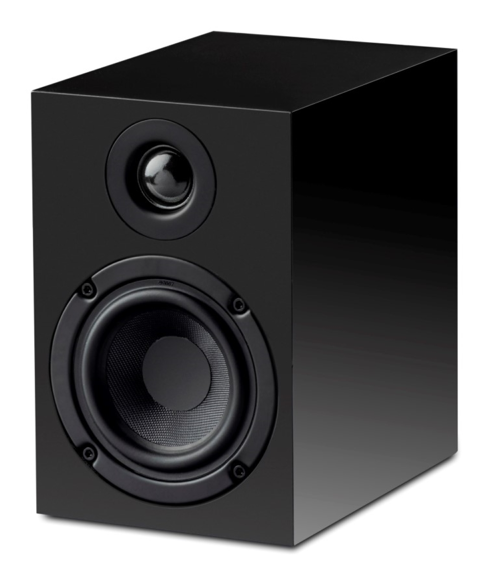 Czarny głośnik z głośnikiem wysokotonowym i niskotonowym na białym tle.