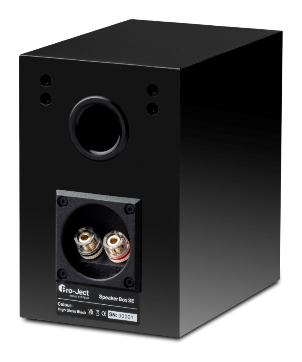 Widok z tyłu czarnej Pro-Ject Speaker Box 3E ze złączami i portem.