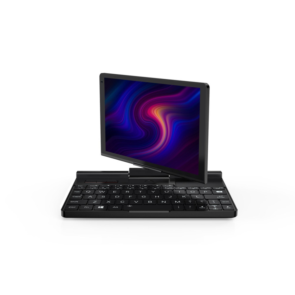 Czarny laptop z kolorowym abstrakcyjnym tłem na ekranie.