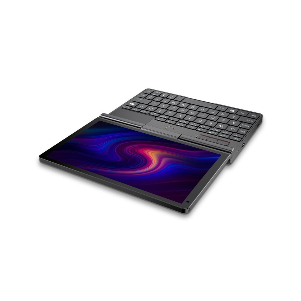 Otwarty czarny laptop z kolorowym ekranem i klawiaturą.