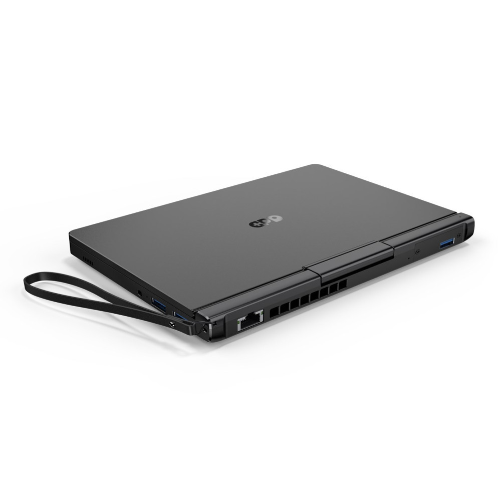 Zamknięty czarny laptop z paskiem na nadgarstek, na białym tle.