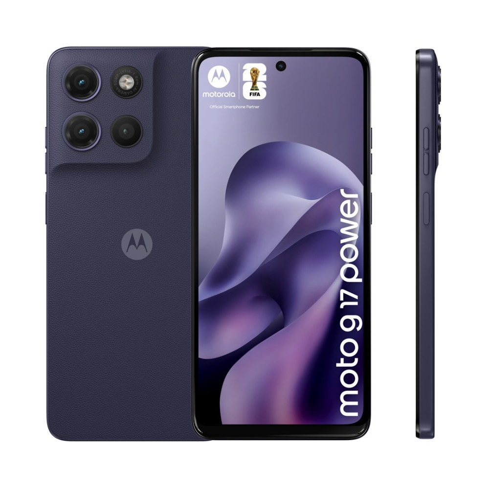 Drei Ansichten eines dunkelblauen Motorola Moto G Power Smartphones mit FIFA-Logo.