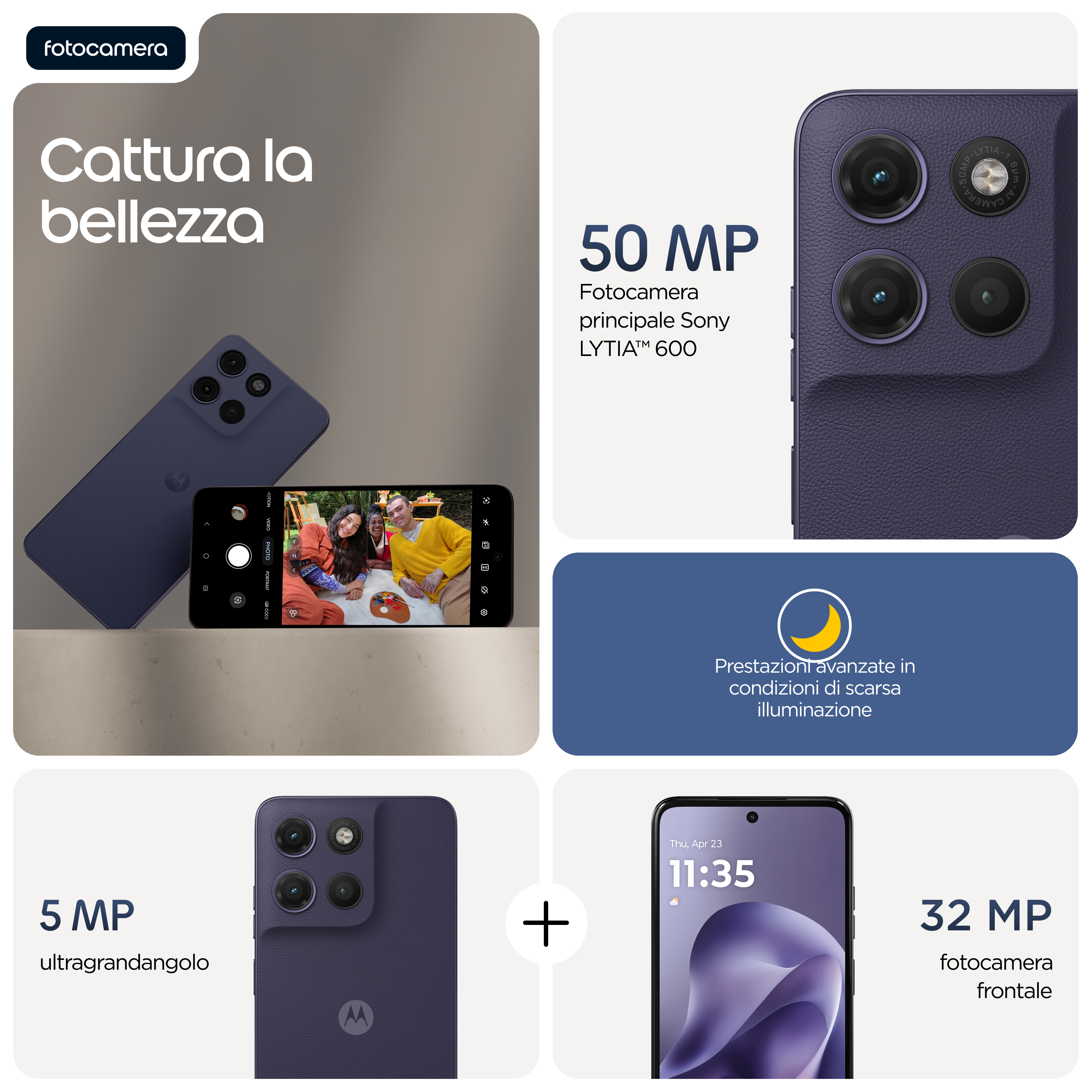 Lila Smartphone mit drei Kameras, 50 MP Hauptkamera, 5 MP Weitwinkel & 32 MP Frontkamera.