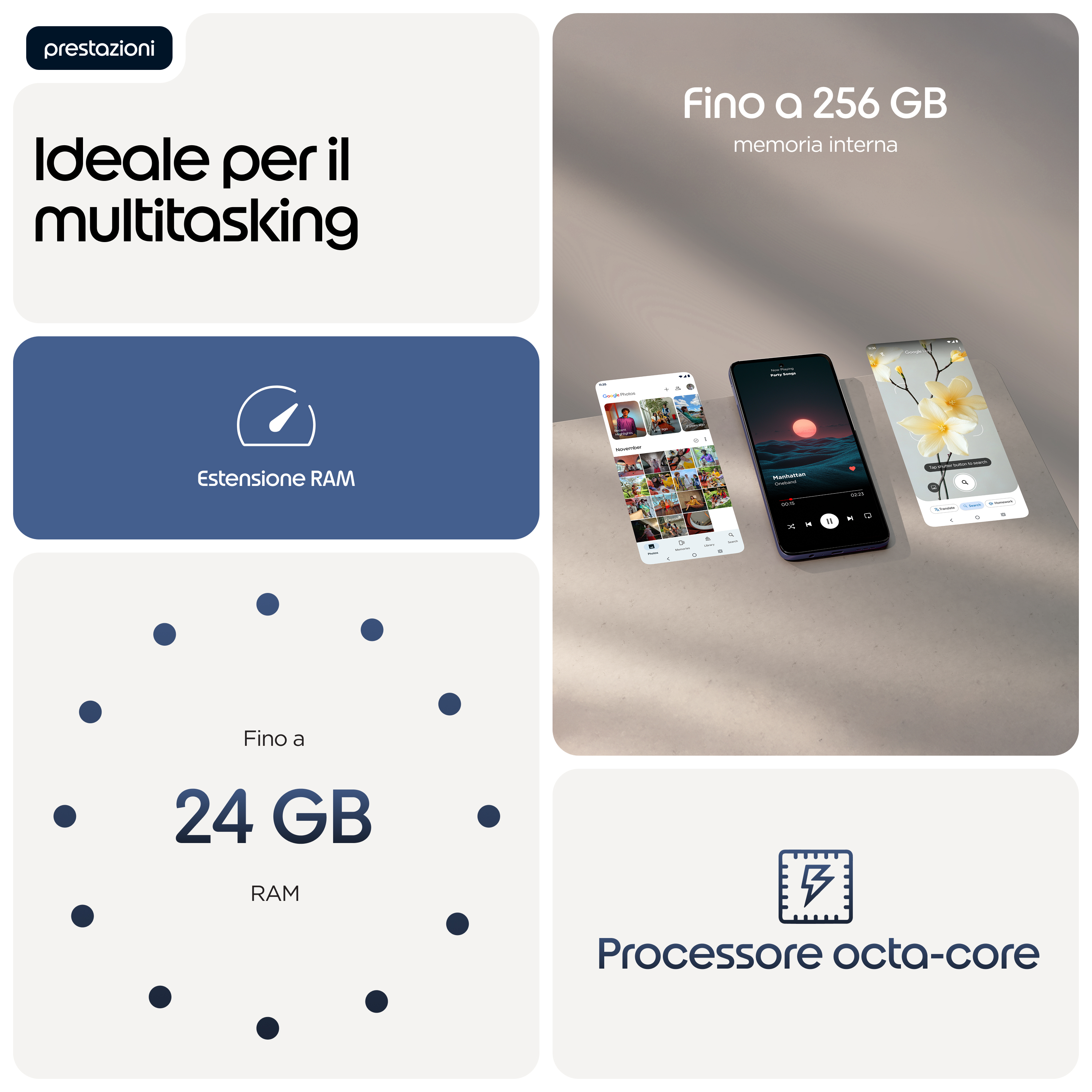 Übersicht über Telefonfunktionen: 256 GB Speicher, RAM-Erweiterung, 24 GB RAM, Octa-Core-Prozessor.