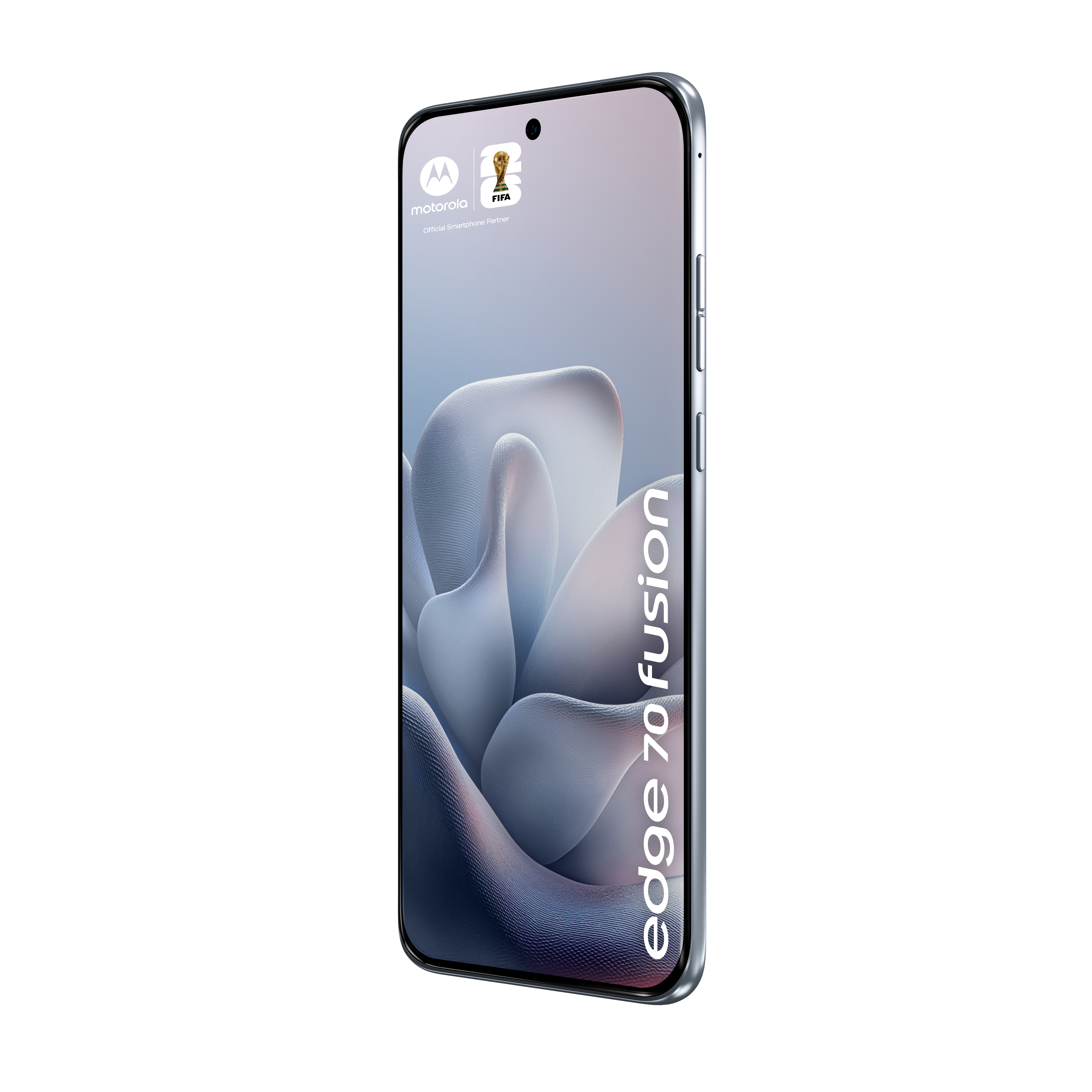 Motorola Edge 70 Fusion Smartphone mit FIFA-Logo und abstraktem Hintergrund.