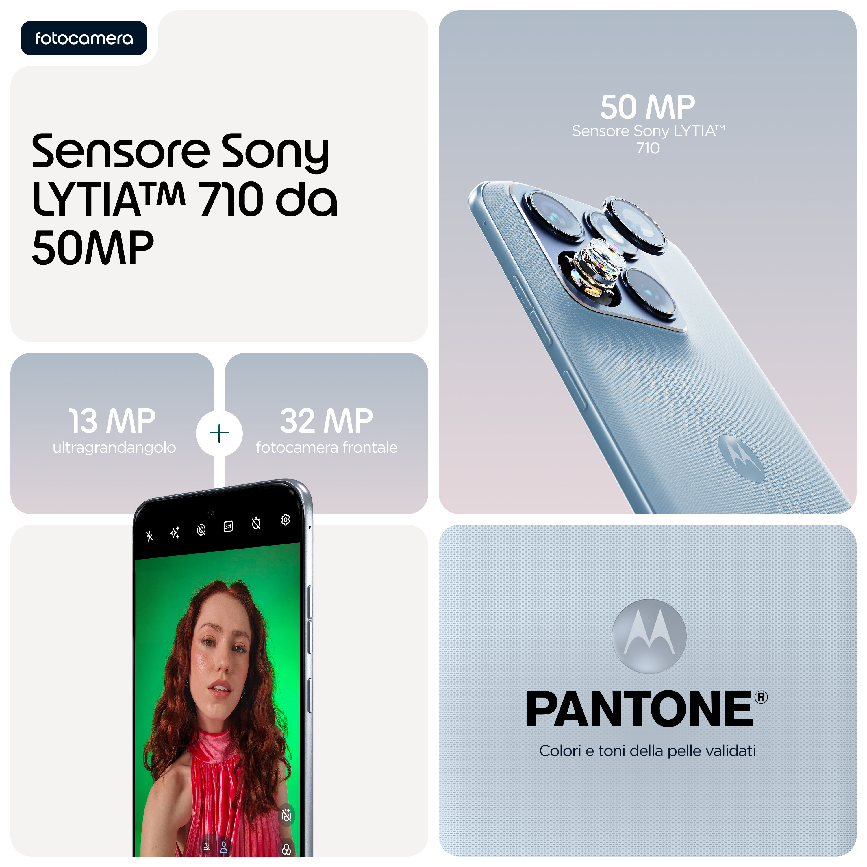 Ein hellblaues Smartphone mit drei Kameras, Details zu 50MP, 13MP und 32MP Kameras.