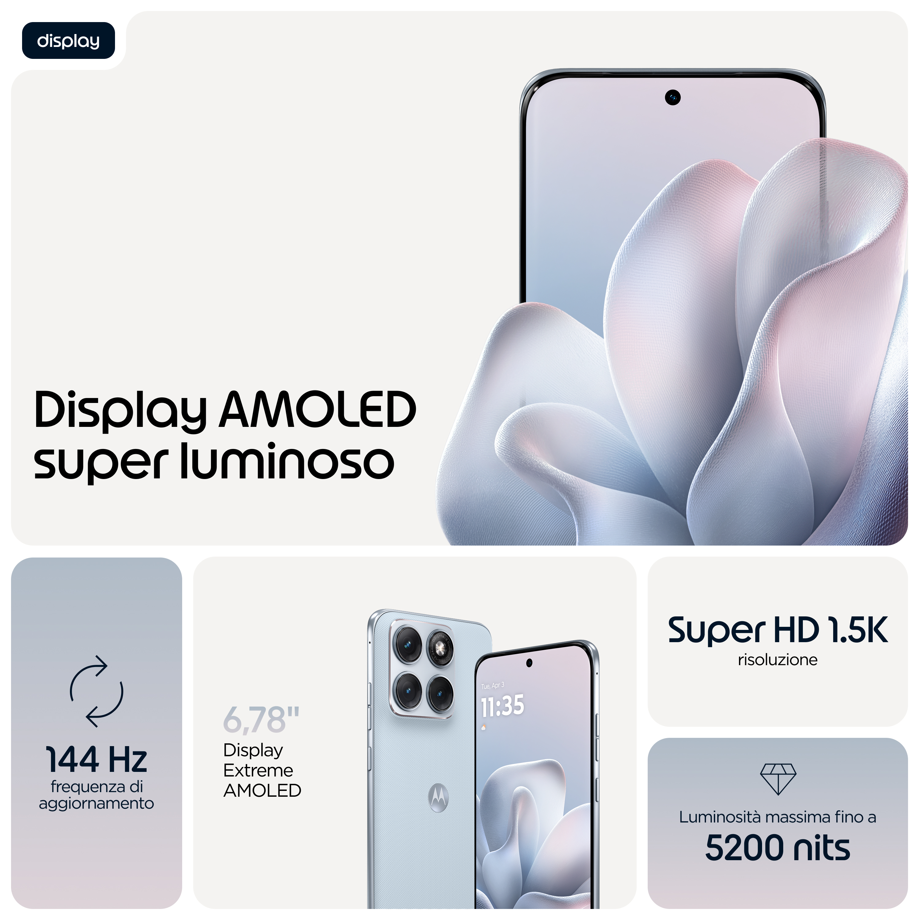 Ein helles AMOLED-Display mit 144Hz, 1,5K Auflösung und 5200 Nits.