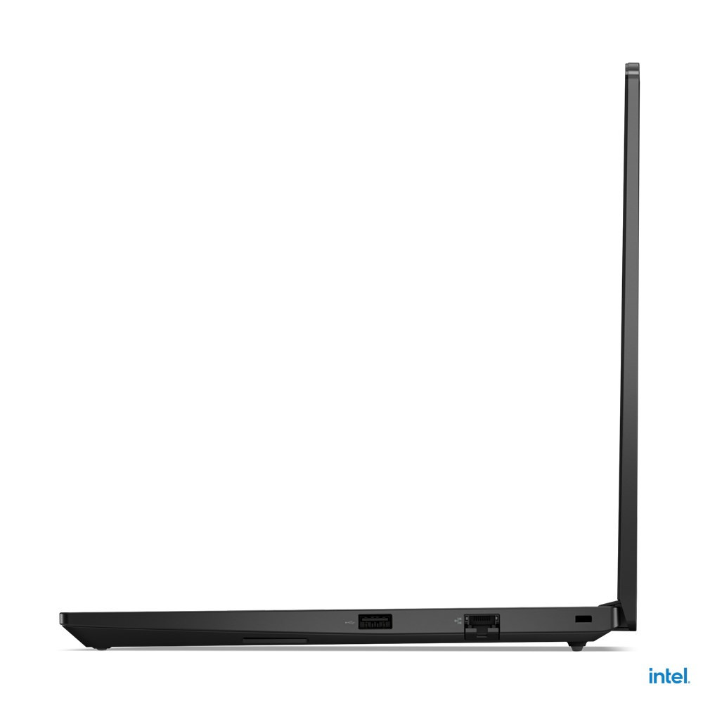 Bok czarnego laptopa z portami i logo Intel.