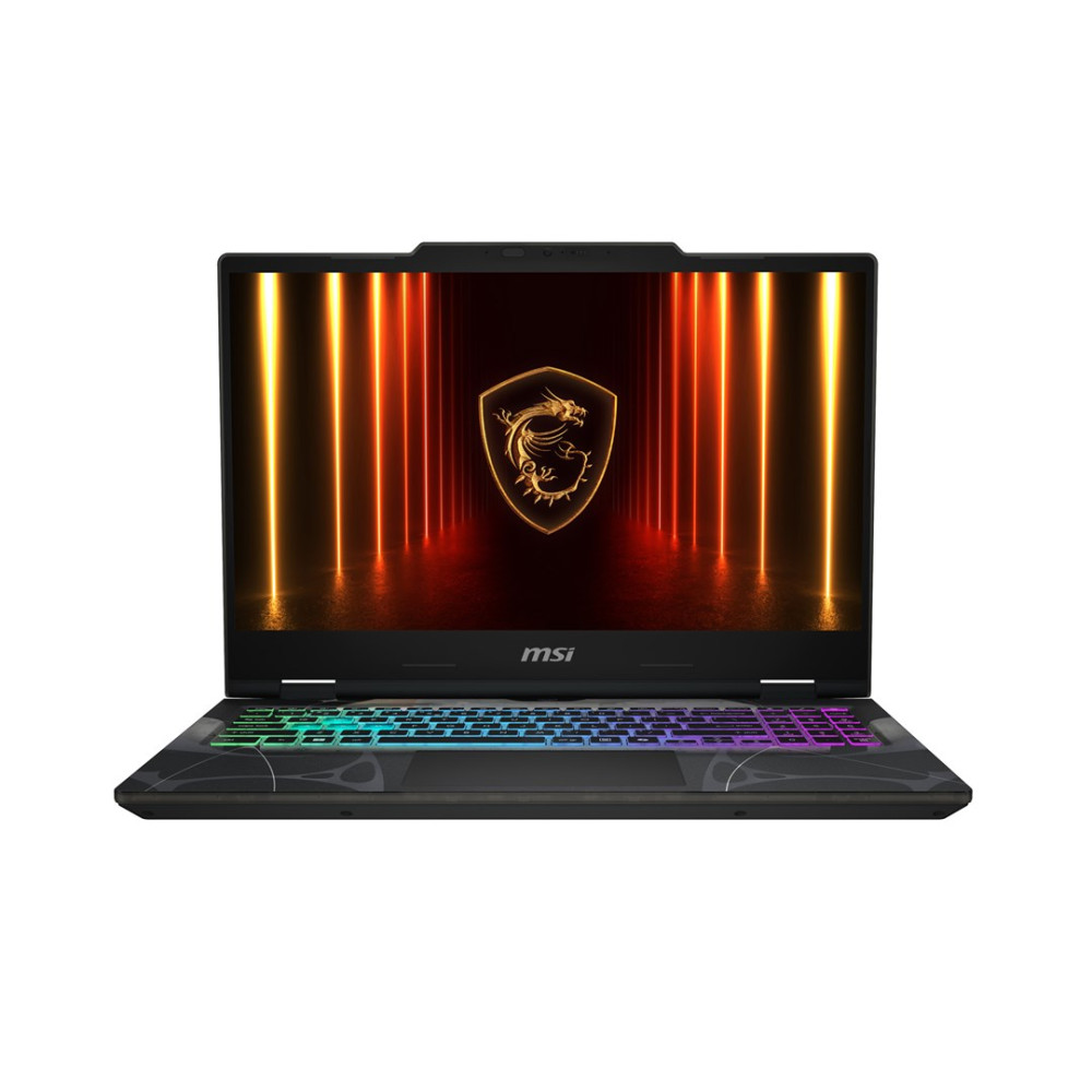 Laptop gamingowy MSI z logo smoka i klawiaturą RGB, na białym tle.