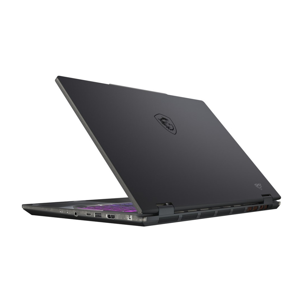 Czarny laptop z otwartą pokrywą, logo na pokrywie i portami z boku.
