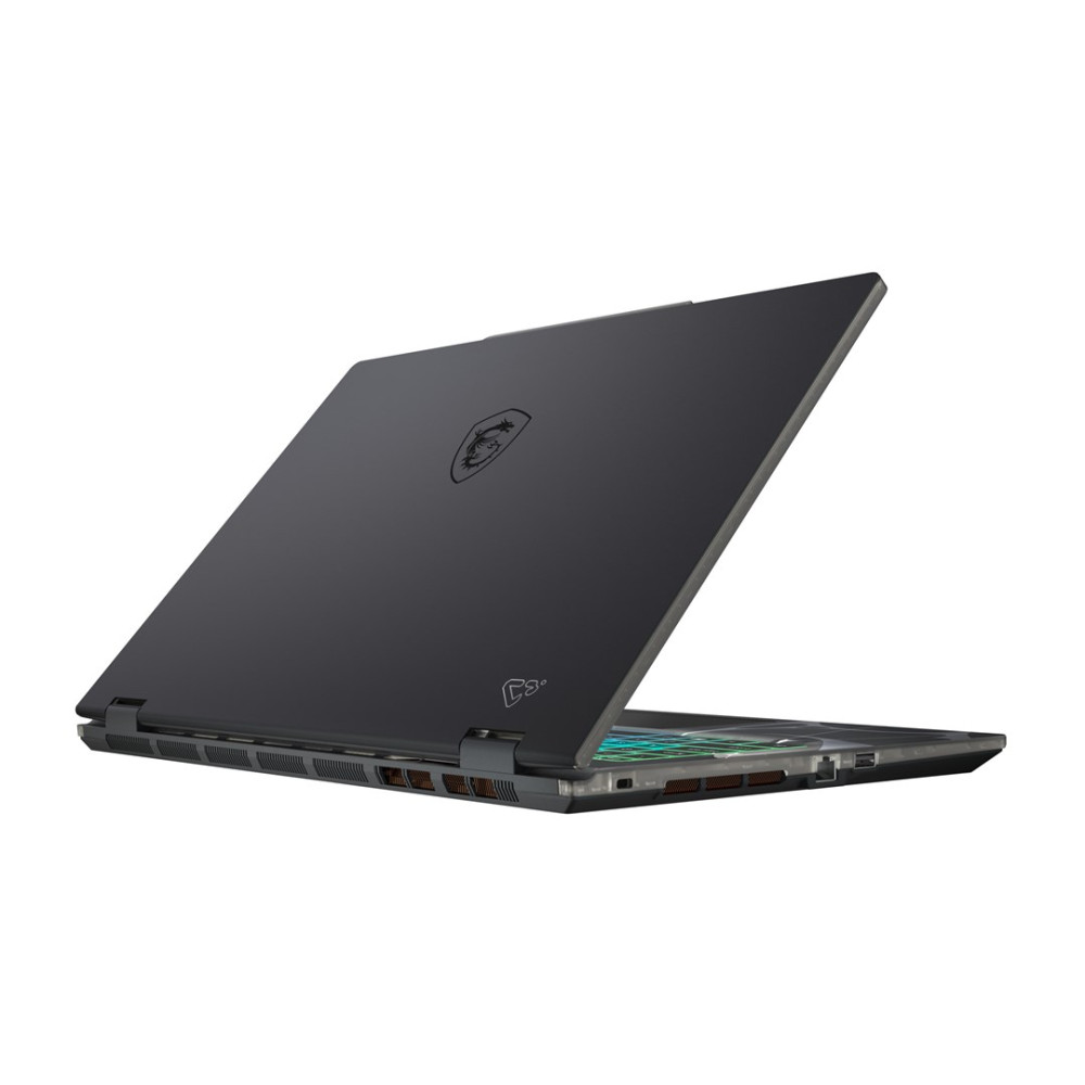 Otwarty czarny laptop z podświetlaną klawiaturą na białym tle.