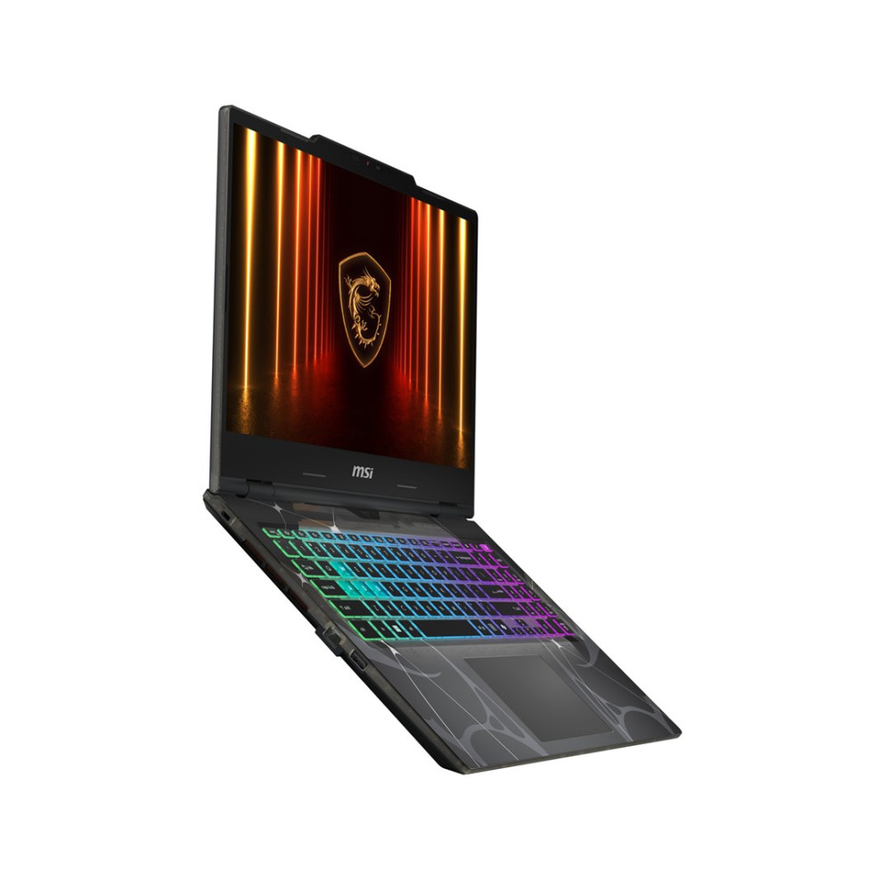 Otwarty laptop MSI z podświetlaną klawiaturą i logo smoka na ekranie.