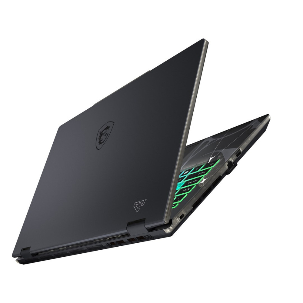 Zamknięty czarny laptop z podświetlaną klawiaturą i logo MSI.