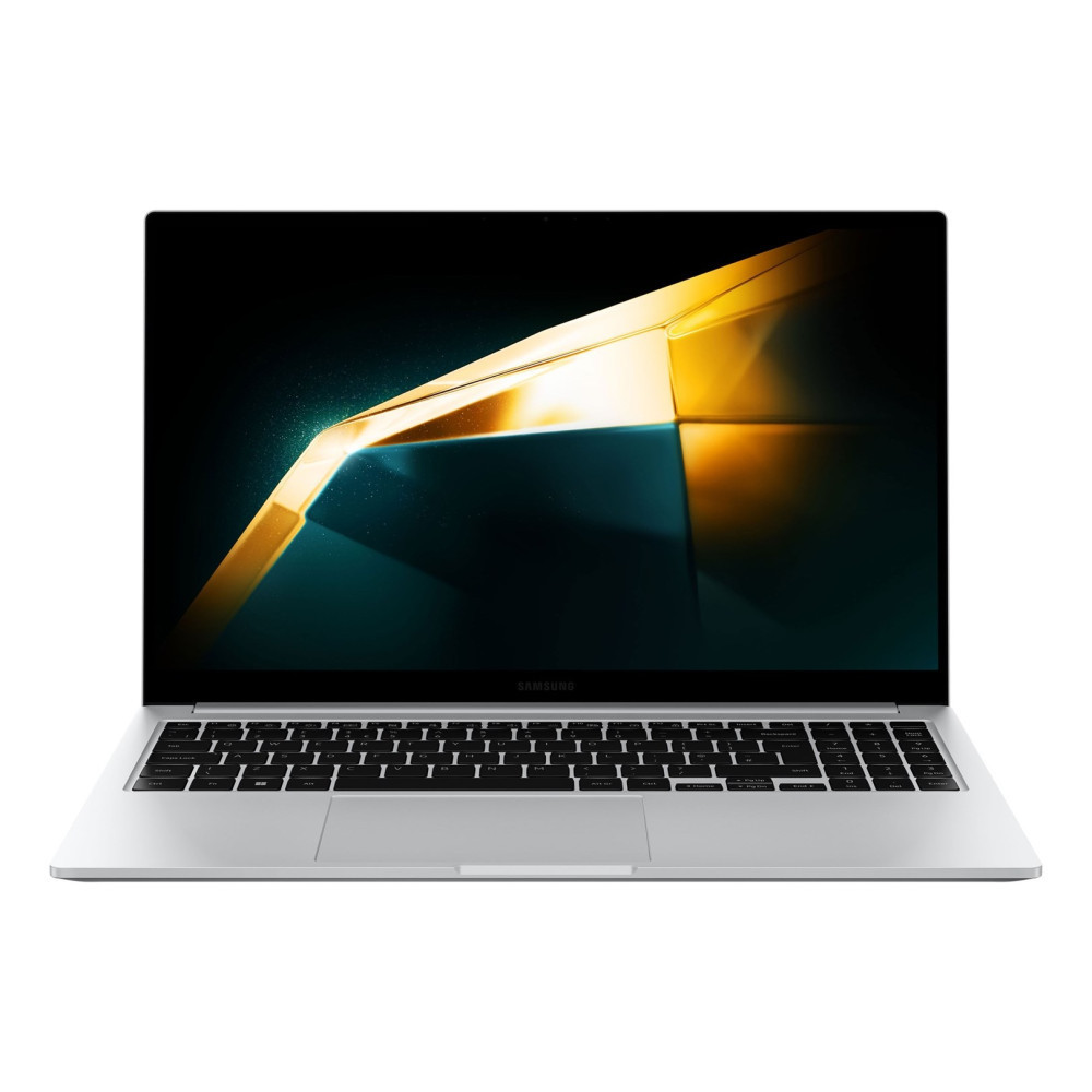 Srebrny laptop Samsung wyświetlający abstrakcyjne złote i turkusowe tło na ekranie.