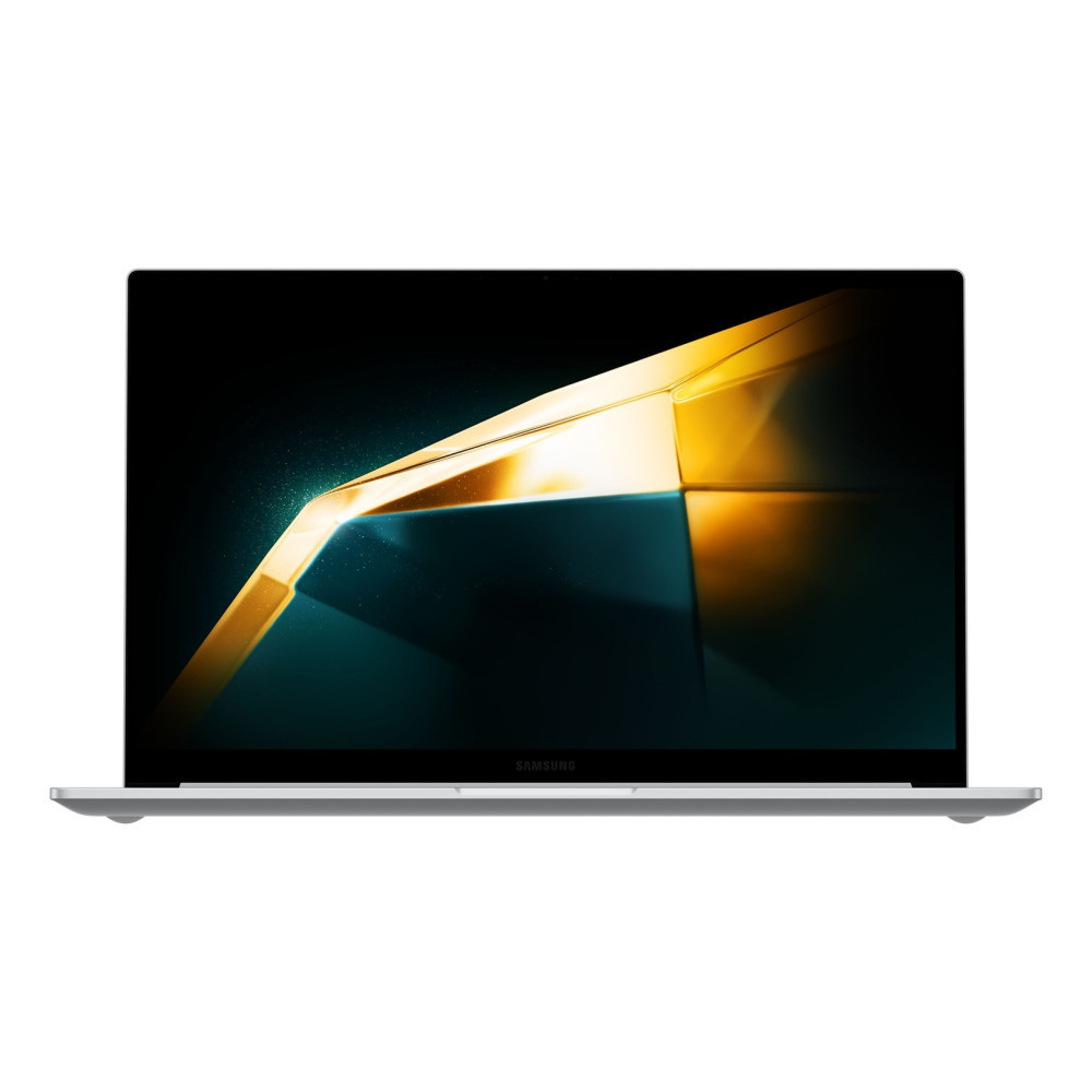 Srebrny laptop Samsung wyświetlający abstrakcyjne złote i turkusowe tło.