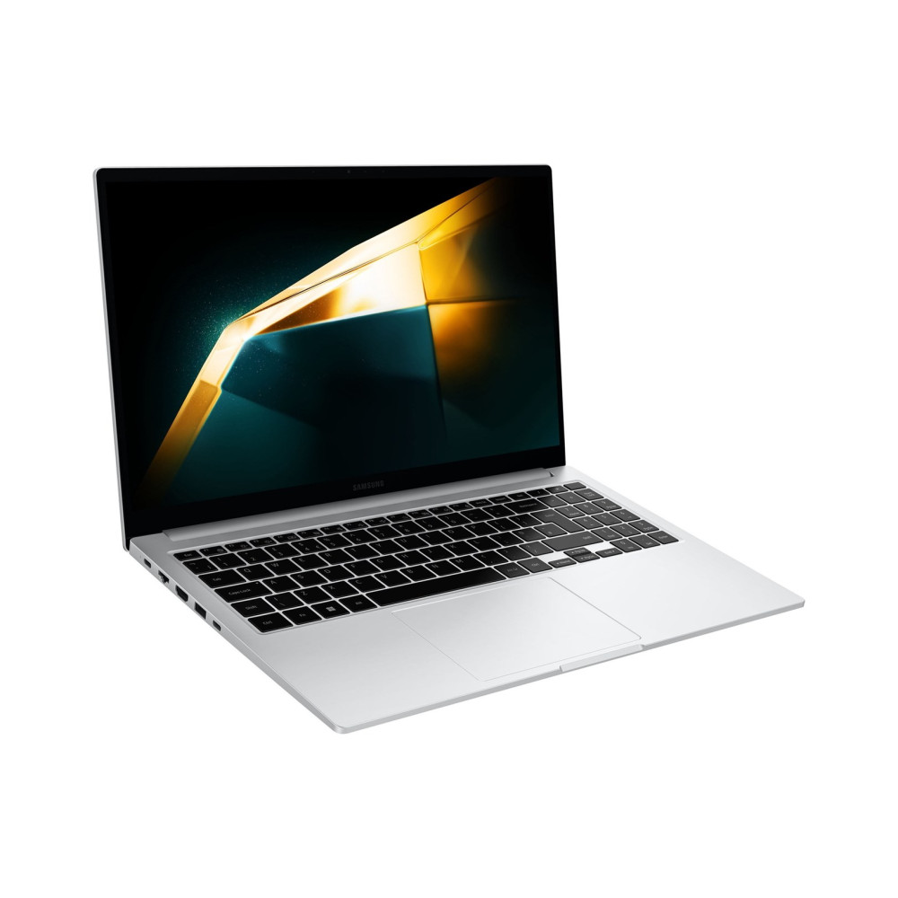 Otwarty srebrny laptop Samsung z abstrakcyjną grafiką na ekranie.