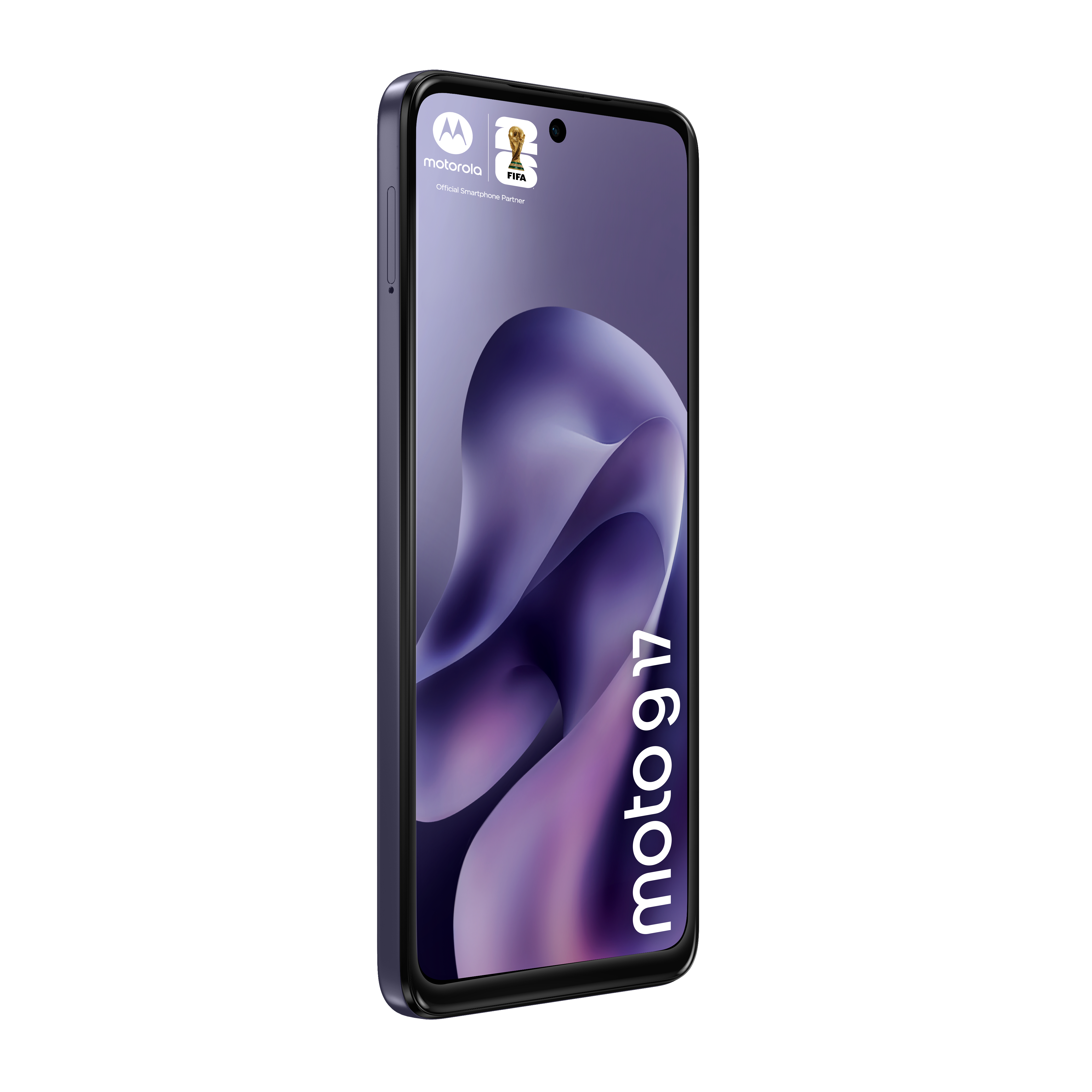 Ein dunkles Motorola Smartphone mit FIFA-Logo und "moto g17" Schriftzug.