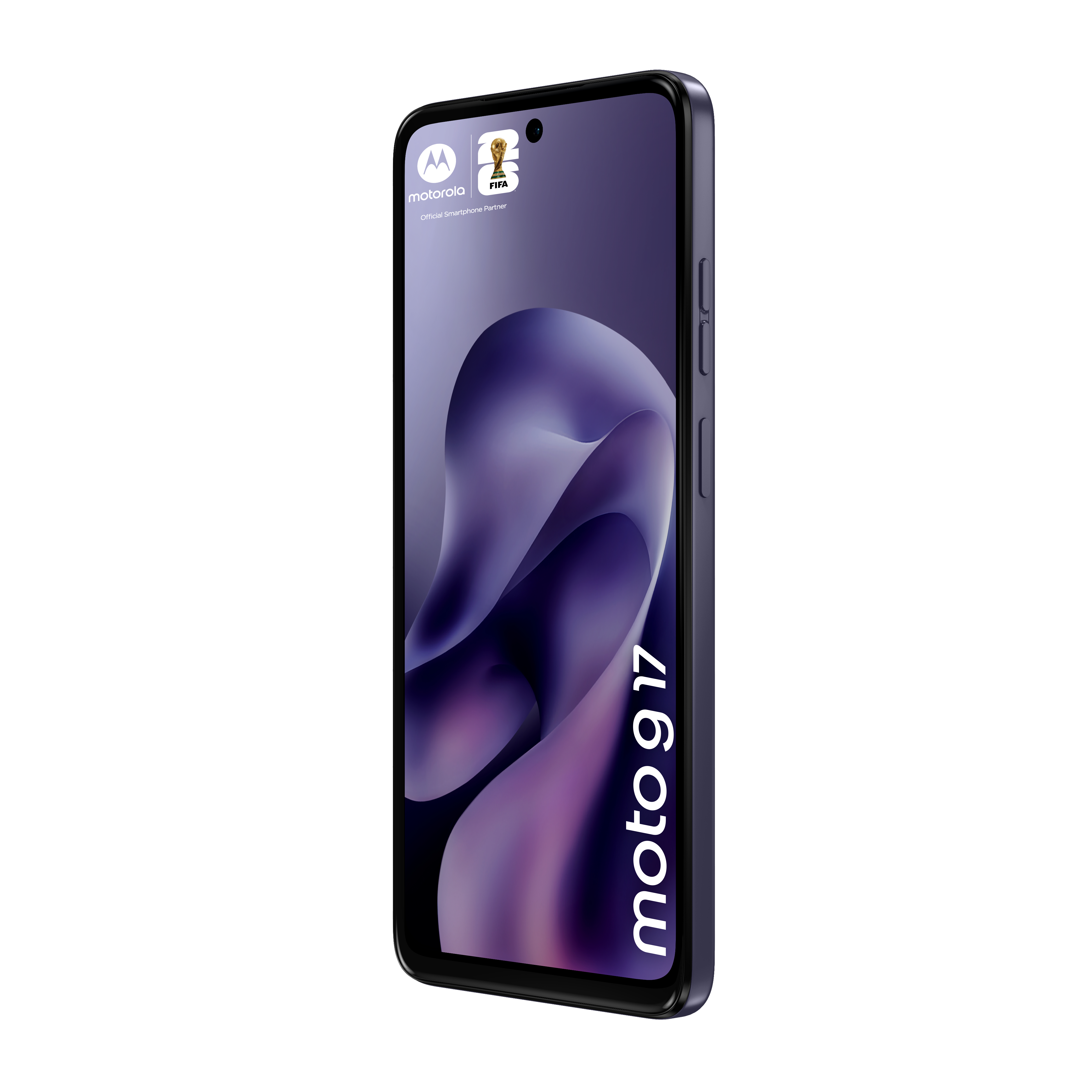 Dunkelblaues Motorola Moto G17 Smartphone mit lila Wellenmuster auf dem Display.