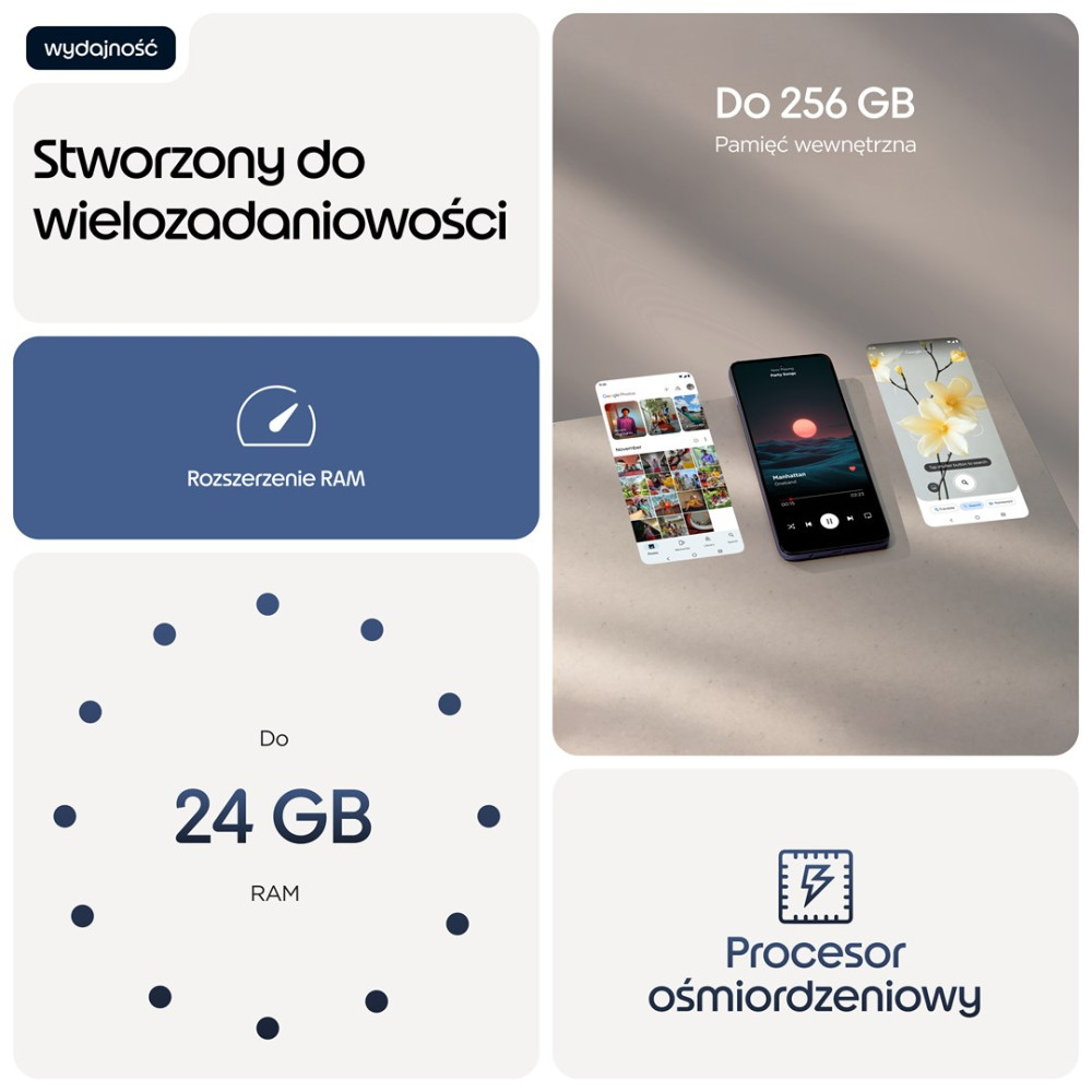 Drei Smartphones mit 256 GB Speicher und 24 GB RAM. Multitasking-fähig.