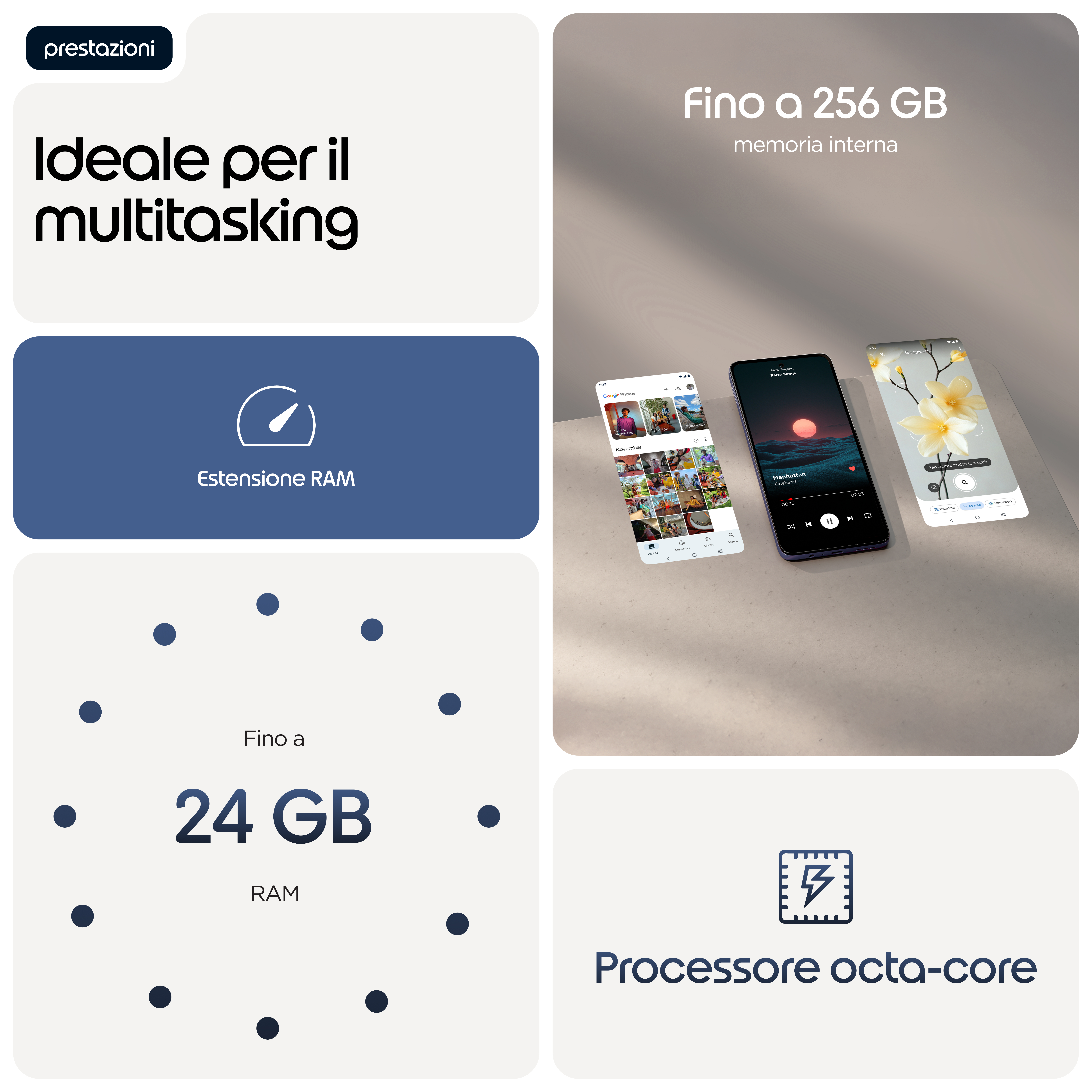 Mehrere Smartphones mit verschiedenen Apps und Texten zu Speicher und RAM.