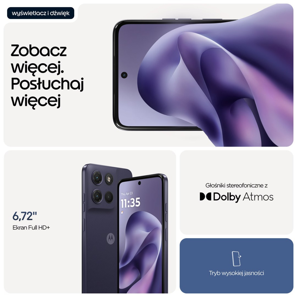 Dunkelblaues Smartphone mit drei Kameras, 6,72-Zoll-Display und Dolby Atmos.