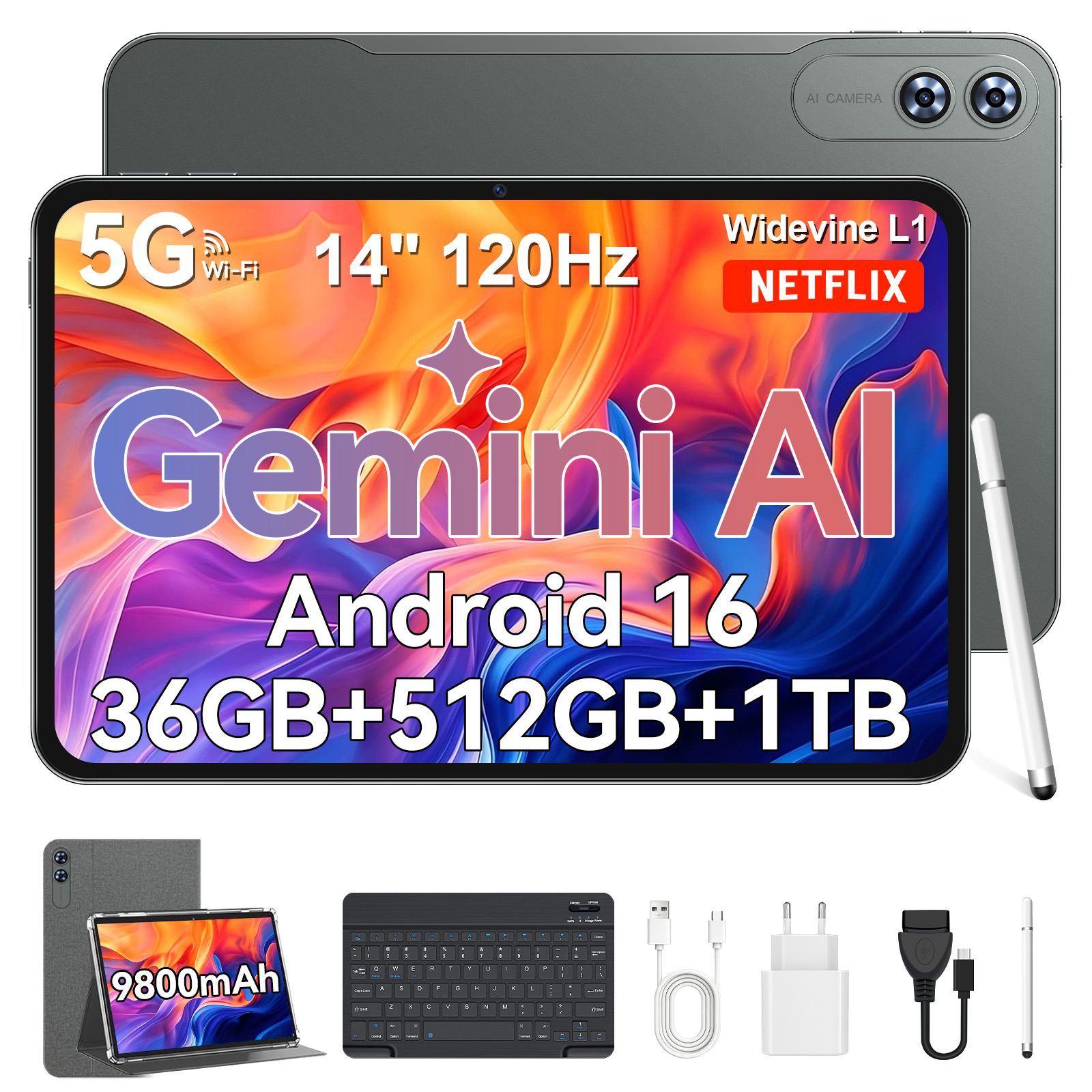 Ein Tablet mit 14-Zoll-Bildschirm, Tastatur, Stift und Ladegerät.