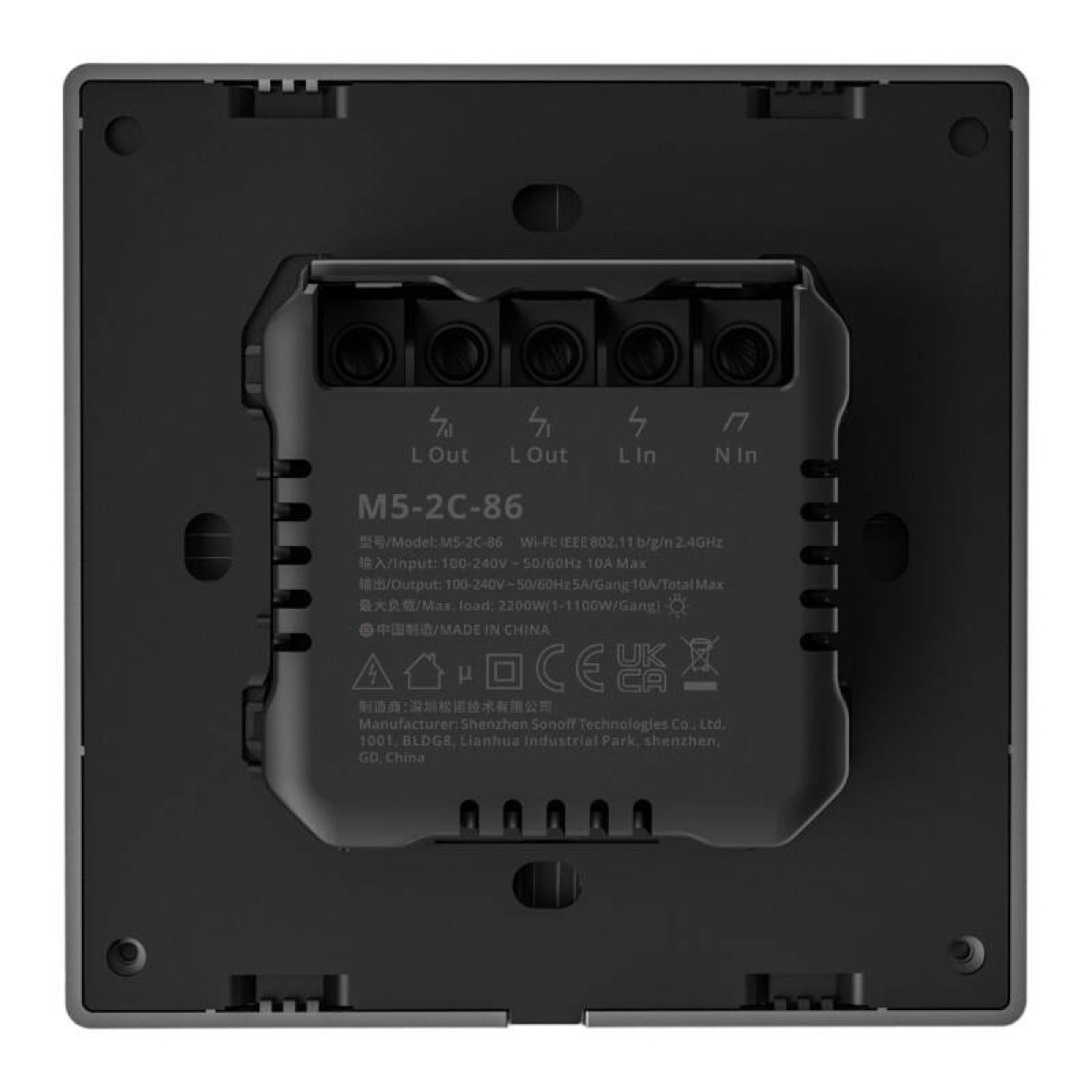 Tył czarnego przełącznika pokazujący zaciski i numer modelu M5-2C-86.