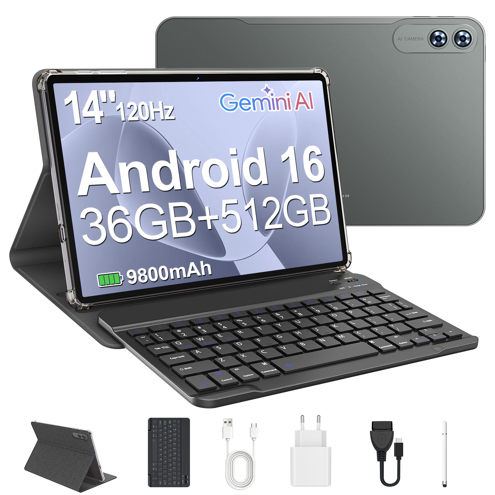 Graues Tablet mit Tastatur, Zubehör und Spezifikationen auf dem Bildschirm.