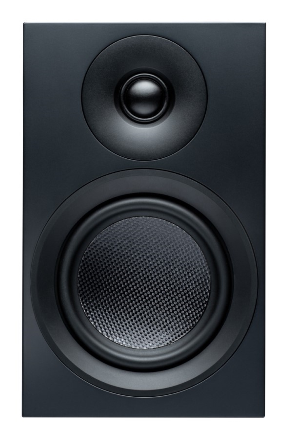 Czarny głośnik z okrągłym głośnikiem wysokotonowym i wooferem z włókna węglowego.