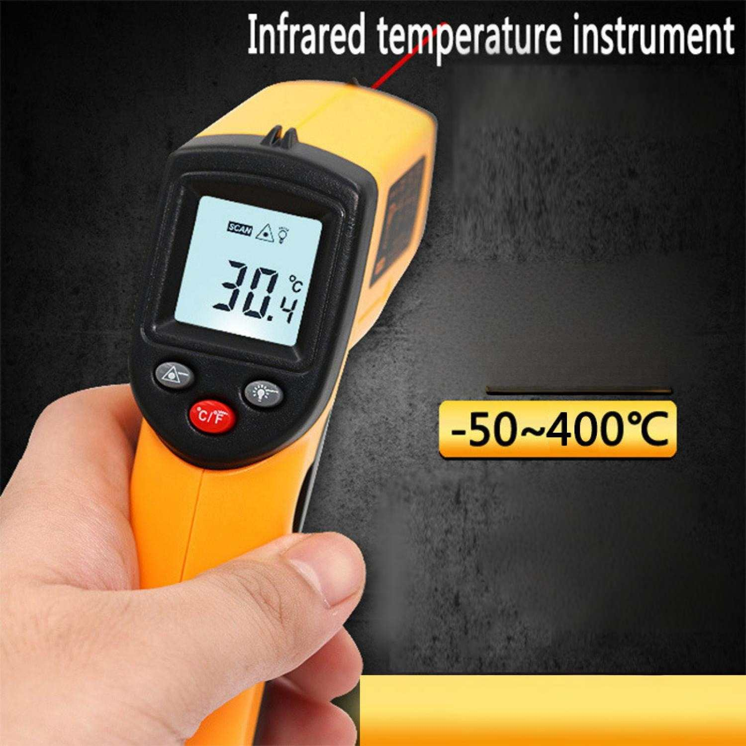 Ein gelbes Infrarot-Thermometer mit digitaler Anzeige von 30,4°C wird gehalten.