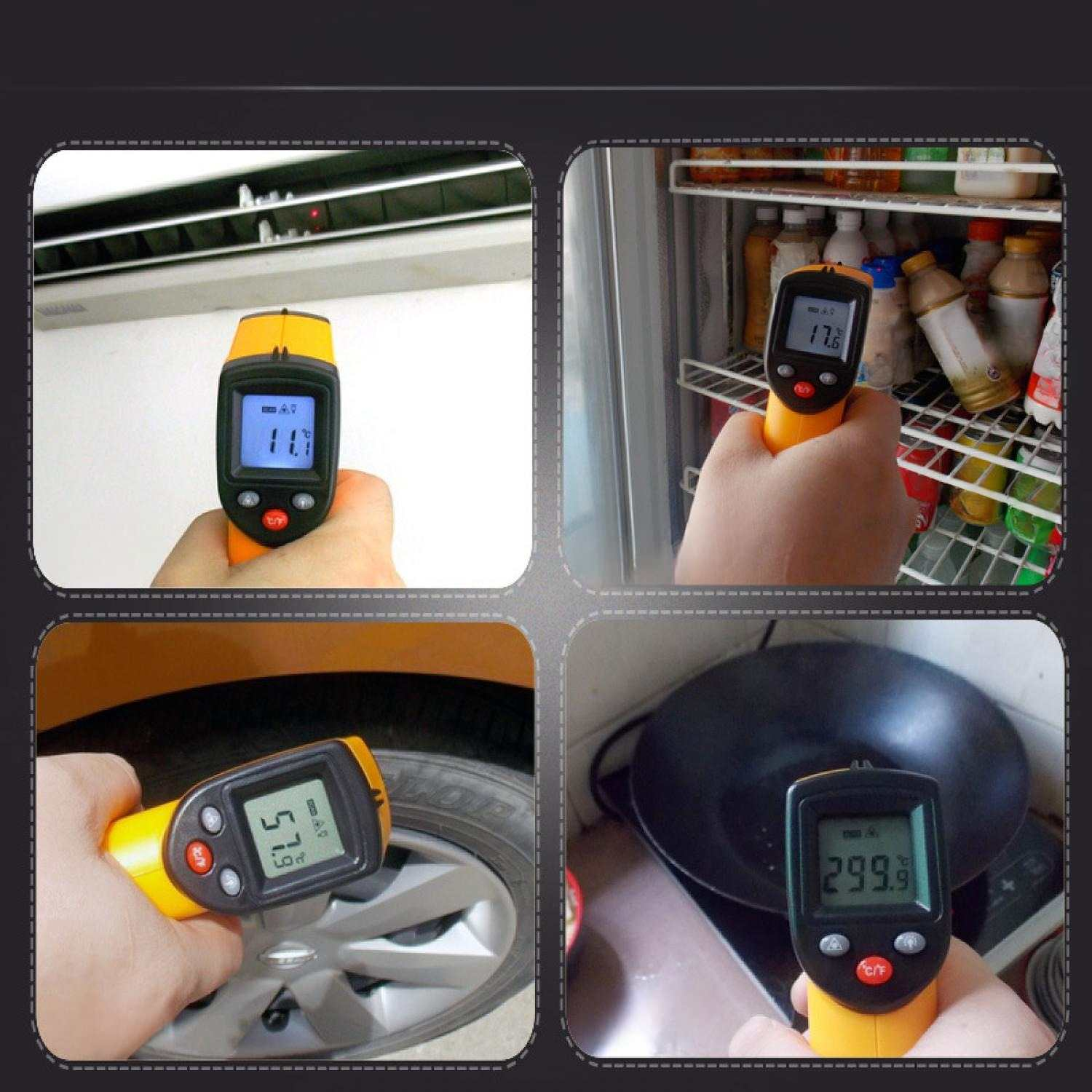 Ein Thermometer misst die Temperatur eines Klimageräts, Kühlschranks, Reifens und Woks.