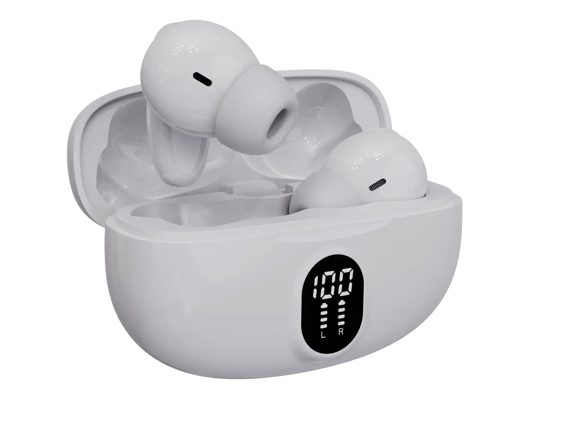 Auricolari wireless bianchi in una custodia di ricarica aperta con display digitale.